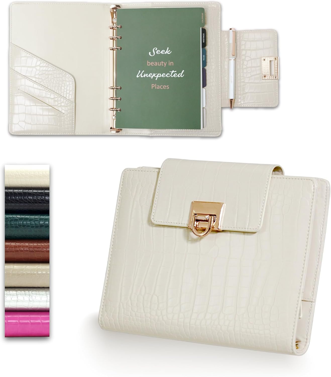 Croc-Embossed A5 PU Leather Planner 5.8″ x 8.3″, Refillable 6-Ring Binder with 80 Sheets, Dividers & Elegant Metal Ballpoint Pen – Professional Organizer for Work & Everyday Use