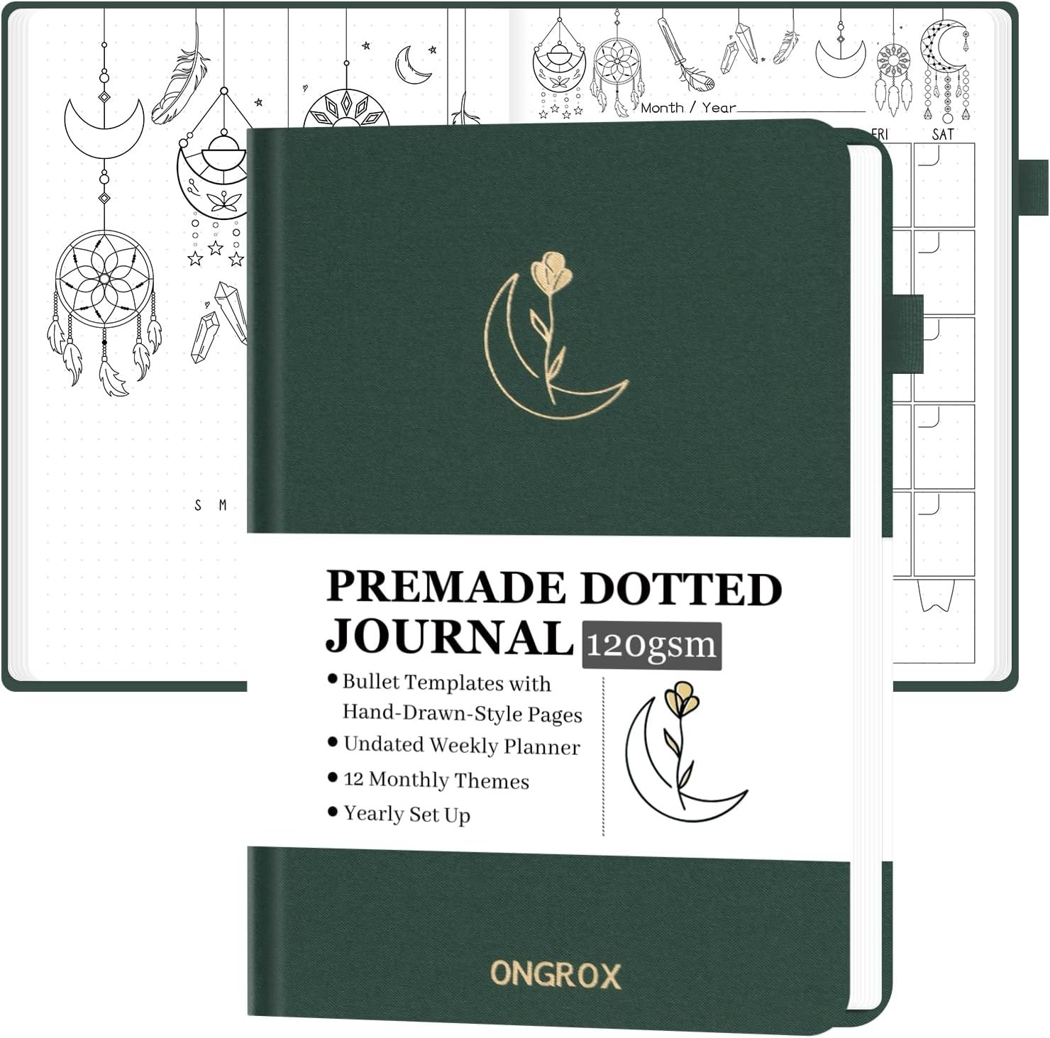 Premade Bullet Style Notebook with Hand-Drawn Pages, Dotted Journal with Unique Pre-Made Bullet Templates, Undated Planner with Weekly Spreads & Monthly Themes, 12 Months, A5 Linen Hardcover