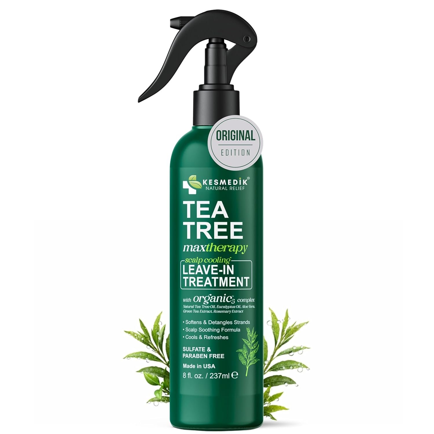 KESMEDIK Tea Tree Rosemary Leave In Conditioner, Detangler Spray for Frizz Control, Anti Dandruff & Itchy Scalp Relief Treatment, Men & Women, Paraben & Sulfate Free