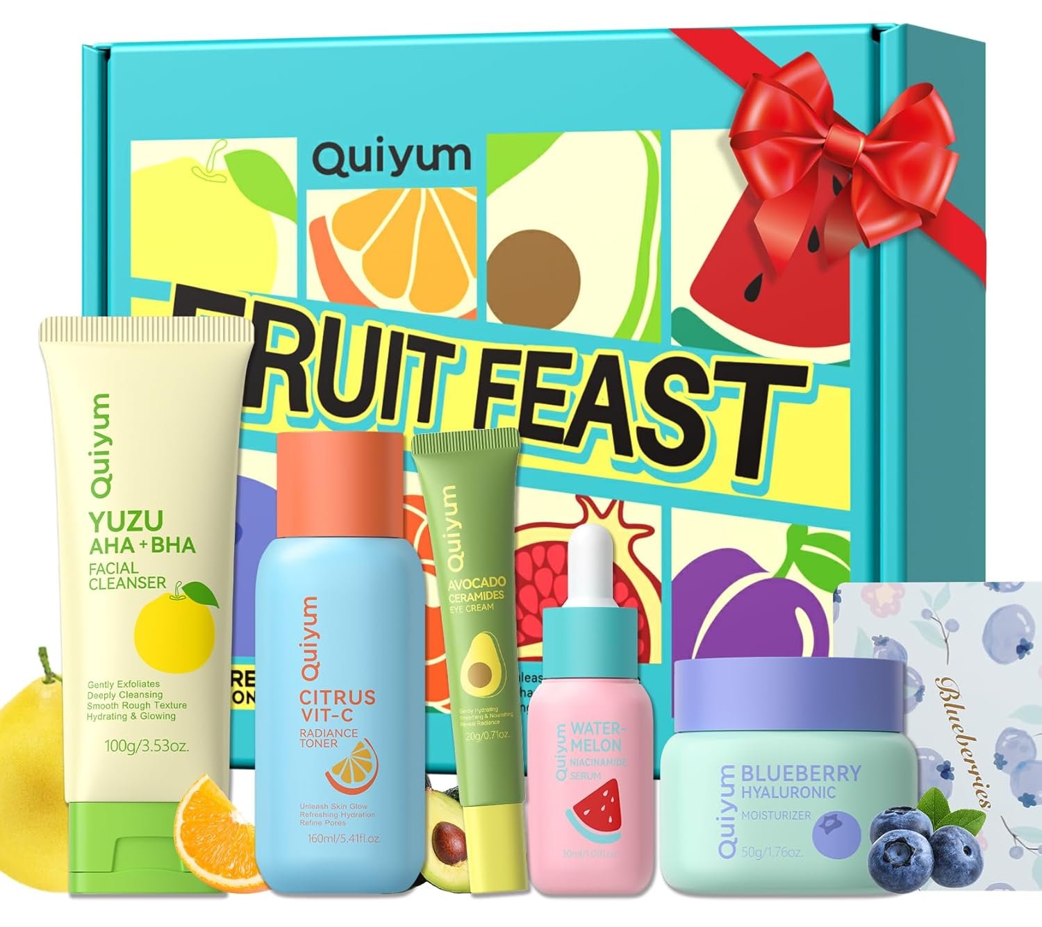 QUIYUM Fruit Skincare for Teens, 5 Daily Routine Beauty Skin Care Sets – Exfoliating, Smooth, Clean, Oil Control, Firm, Hydrating, Glow Up, Facial Skincare Gift Set for Girls Women, for All Skin Types