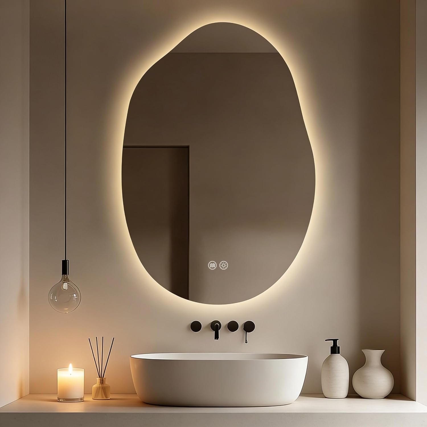 LED Bathroom Mirror with Lights, 22×32 Inch LED Bathroom Vanity Mirror Irregular Backlit Mirror for Bathroom with 3 Colors, Dimmable, Anti-Fog, Memory, Al-Alloy Lampshade (Horizontal/Vertical)