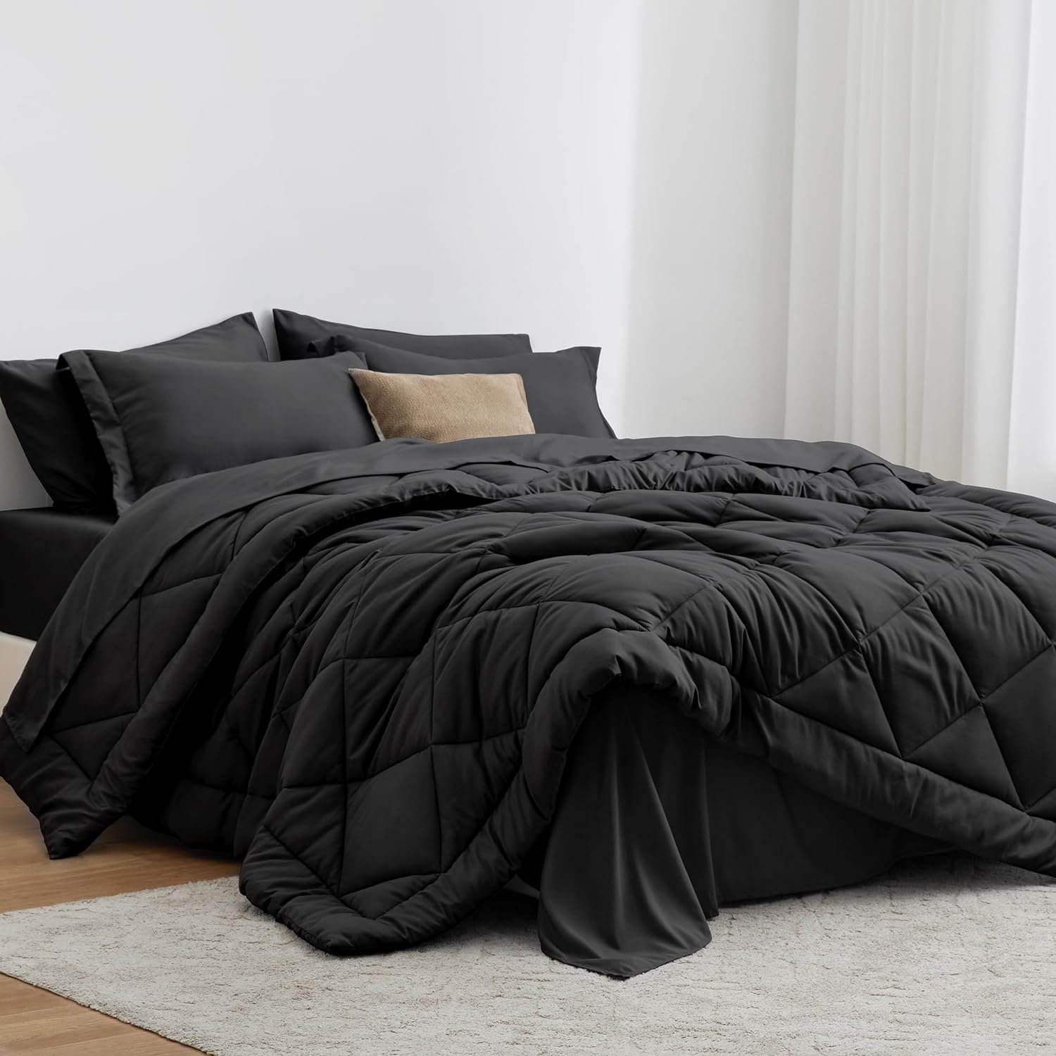 Love’s cabin Queen Comforter Set Black, 7 Pieces Queen Bed in a Bag, All Season Bedding Sets with 1 Comforter, 1 Flat Sheet, 1 Fitted Sheet, 2 Pillowcase and 2 Pillow Sham | Soft