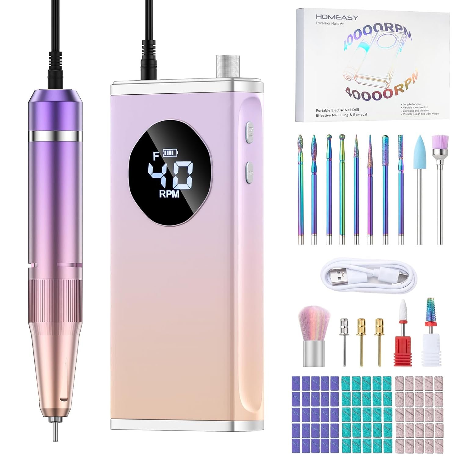 HOMEASY Electric Nail Drill, 40000RPM Professional E-Filer Rechargeable with 15 Drill Bits, Portable Nail File Electric Nail Filer for Acrylic Nails Gel Polishing Removing for Salon Home (Purple)