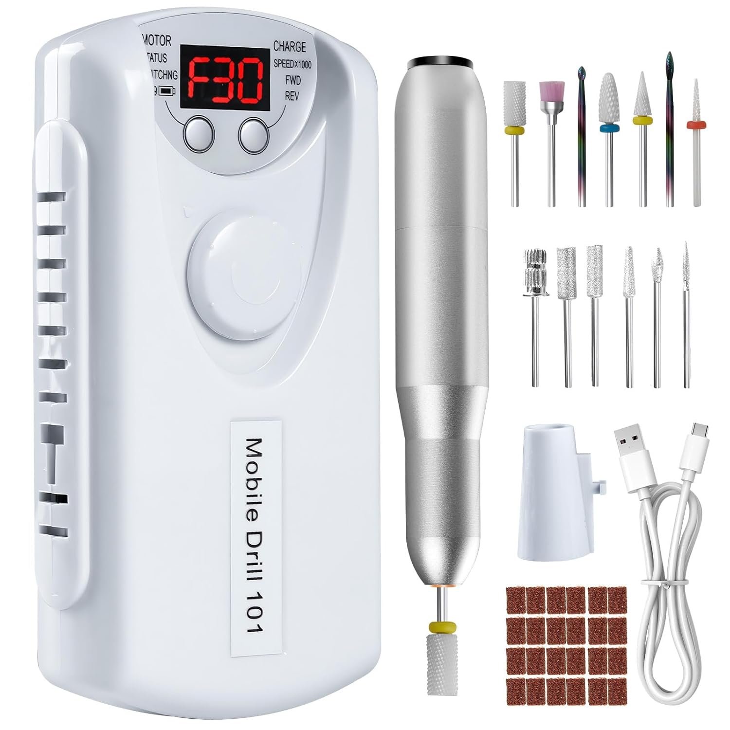 Droyek Electric Nail Drill Portable Nail Drill Professional 30000 RPM 13 Salon Quality Drill bits 50 Sanding Bands Portable & Low Noise for Acrylic Nails Gel Polishing Removing Bits Kit for Home Use