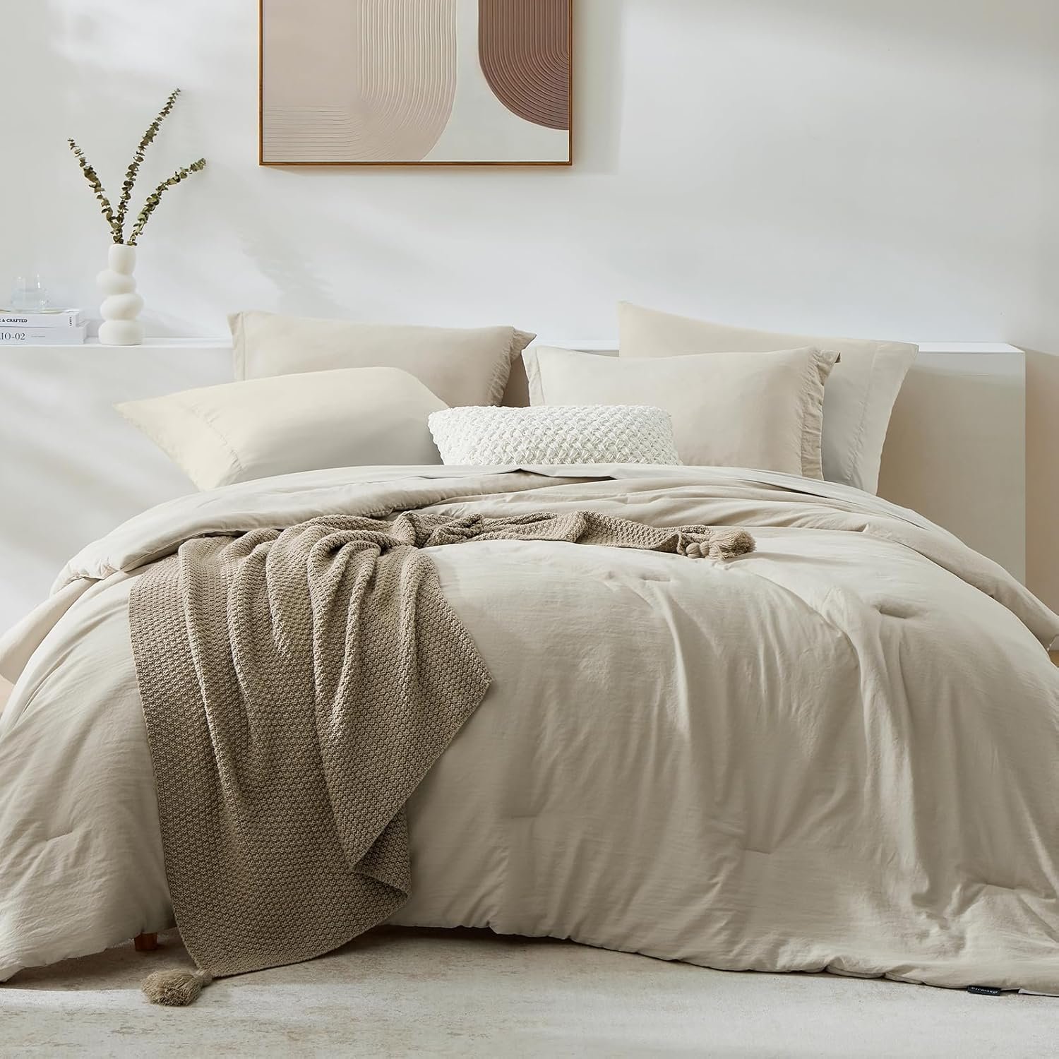 WRENSONGE Light Oatmeal Queen Comforter Set, 7 Pieces Soft Microfiber Comforters Queen Size with Fitted Sheet, Flat Sheet, 2 Pillow Shams, and 2 Pillowcases- Warm Bedding Sets Queen for All Season