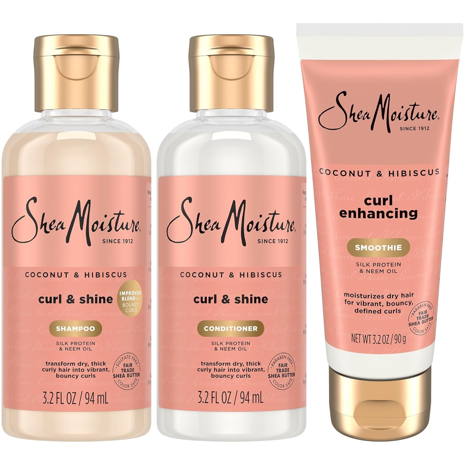 SheaMoisture Travel Essentials Hair Care Bundle, Coconut & Hibiscus Curl & Shine Shampoo & Conditioner + Curl Enhancing Smoothie for Bouncy Curls, Frizz Control, 3.2 Oz Ea