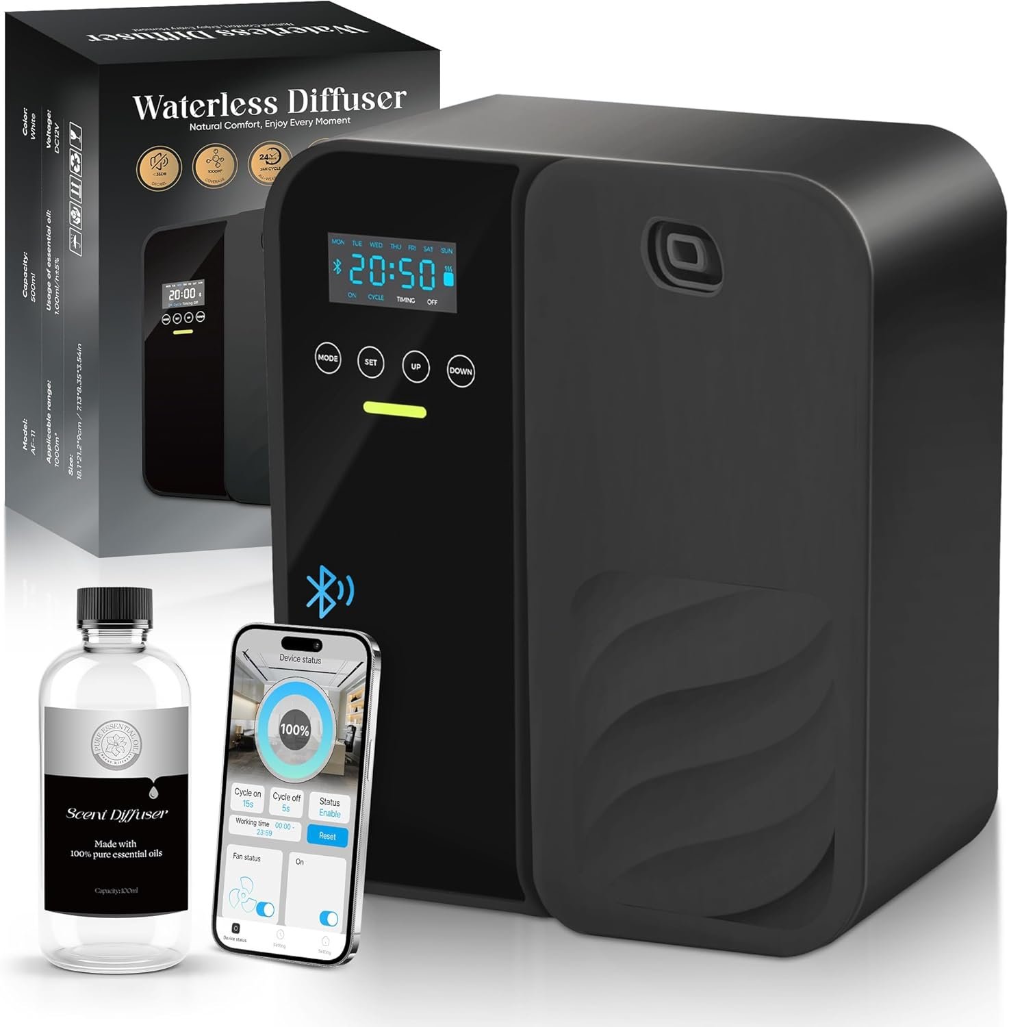 Waterless Essential Oil Diffuser，Hotel Scent Diffuser，500ml Large Capacity，5000sq.ft.，Waterless Diffuser for Home & Hotel Use，Black