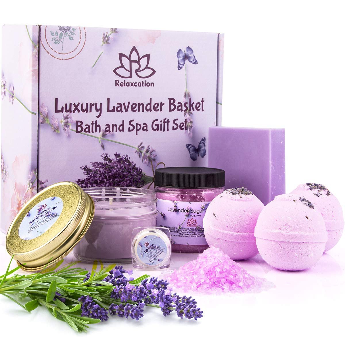 Gift Basket for Women Organic Lavender Gift Set, Bath and Body At Home, Spa Kit, Soy Wax Candle, Natural Oil Bath Salt, 3 Bath Bombs, Soap Bar, Body Sugar Scrub, for Mom, Girls – Made in USA