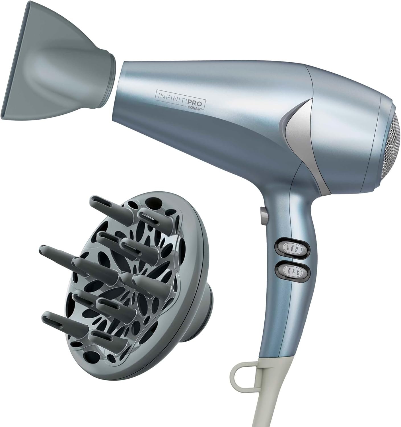 Infiniti PRO CONAIR Hair Dryer with Diffuser and Concentrator, 1875W Style & Shine Blow Dryer with Tourmaline and Ionic Conditioning to Fight Frizz, 3 Heat & 2 Speed Settings, Blue