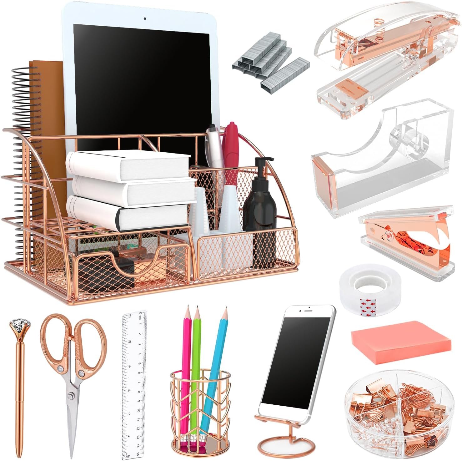 Office Desk Organizers, Rose Gold 13PCS Office Supplies and Accessories Desk organizer, Acrylic Stapler, Staple Remover, Clips, Scissor, Phone Holder, Pen, Pen Holder (Rose Gold)