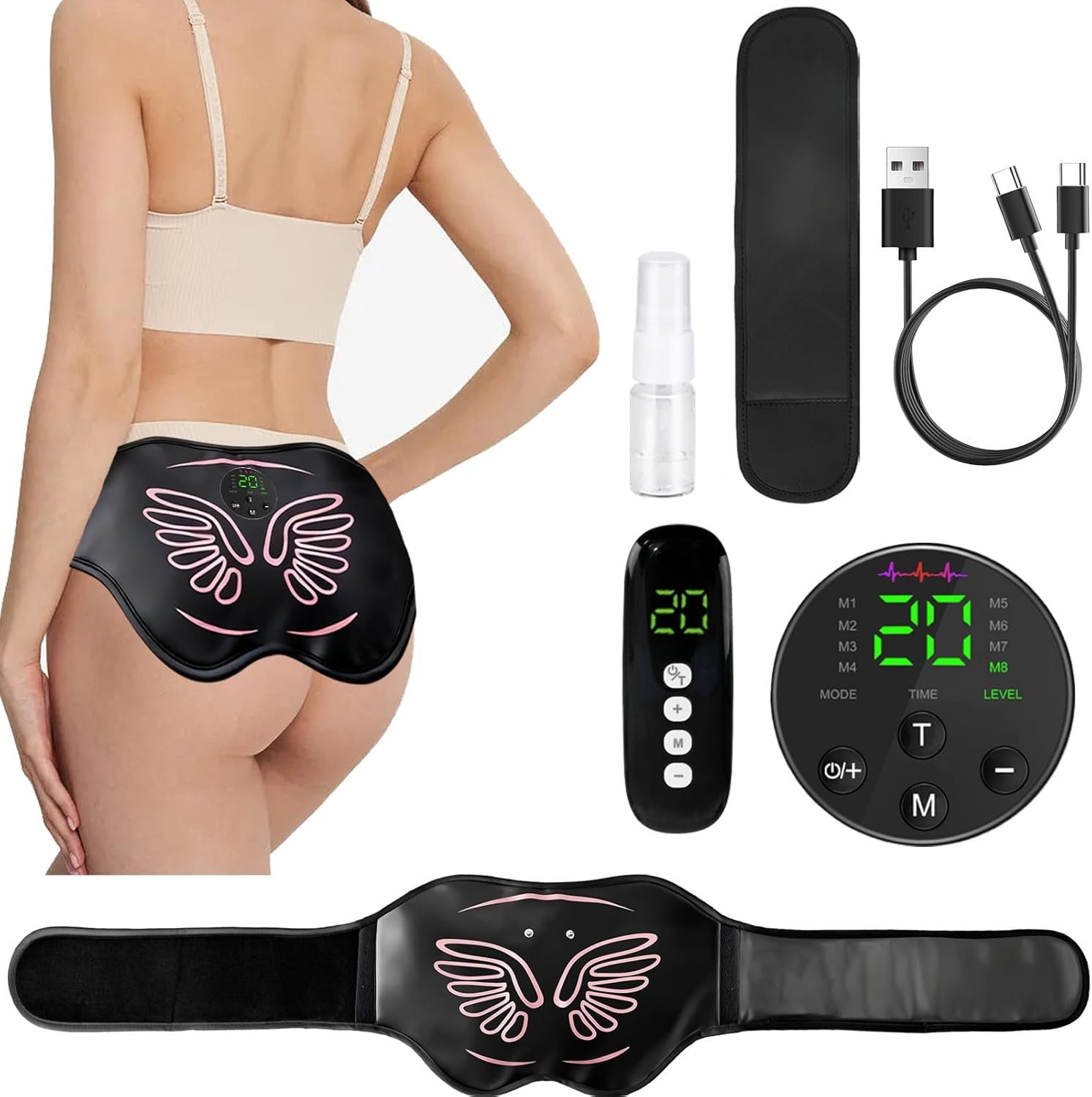 Booty Trainer for Women, Butt Lifting Machine Glute Muscle Stimulator, 8 Modes & 20-Level Intensity Muscle Toner Stimulator Adjustable Abs Stimulator, Home Workout Equipment with Extension Strap