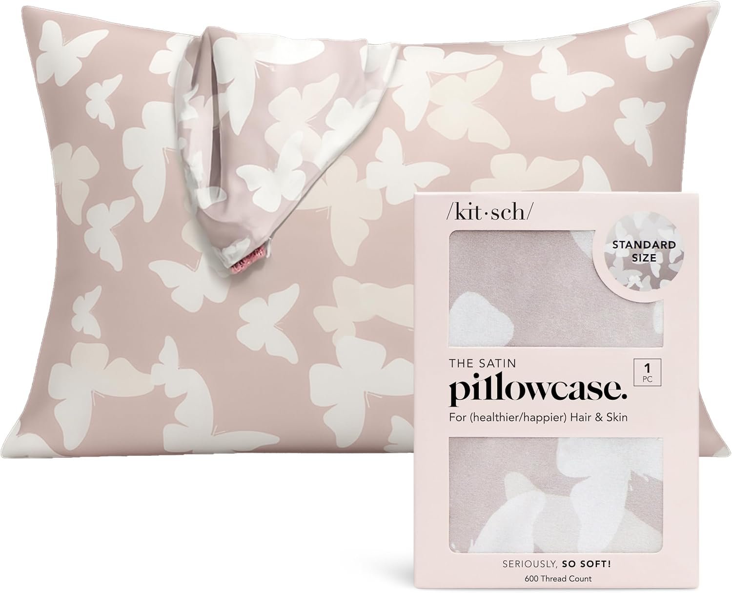 Kitsch Satin Pillowcase with Zipper for Hair & Skin – Softer Than Silk Pillow Cases, Cooling Satin Pillow Case, Wrinkle-Free, Machine Washable, Pillow Cases Standard Size 19×26 – Champagne Butterfly