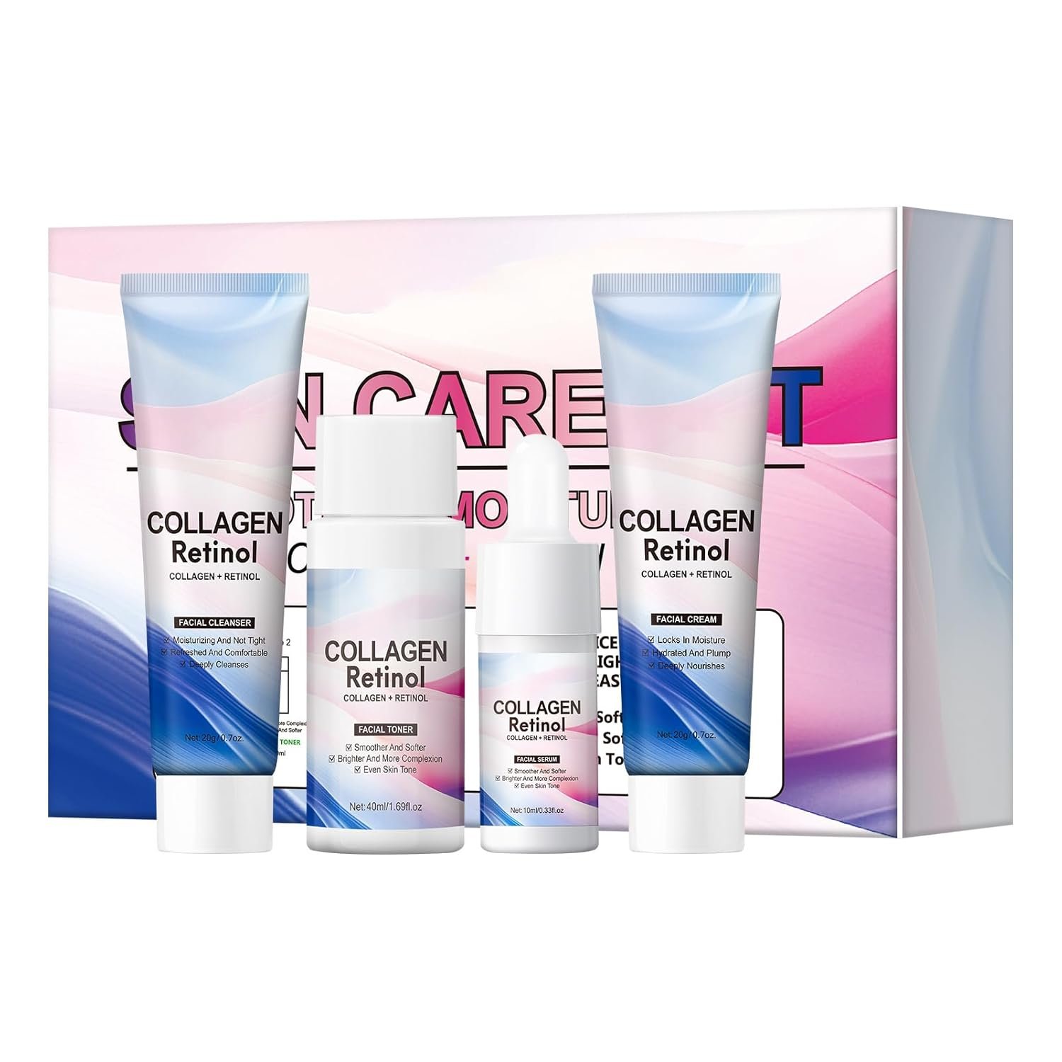Travel Skincare Set, Collagen Retinol Face Wash, Toner, Anti-Aging Serum & Moisturizer Cream Travel Essentials Toiletries Kit for Women, Cleanser & Skincare Skin Routine Kit