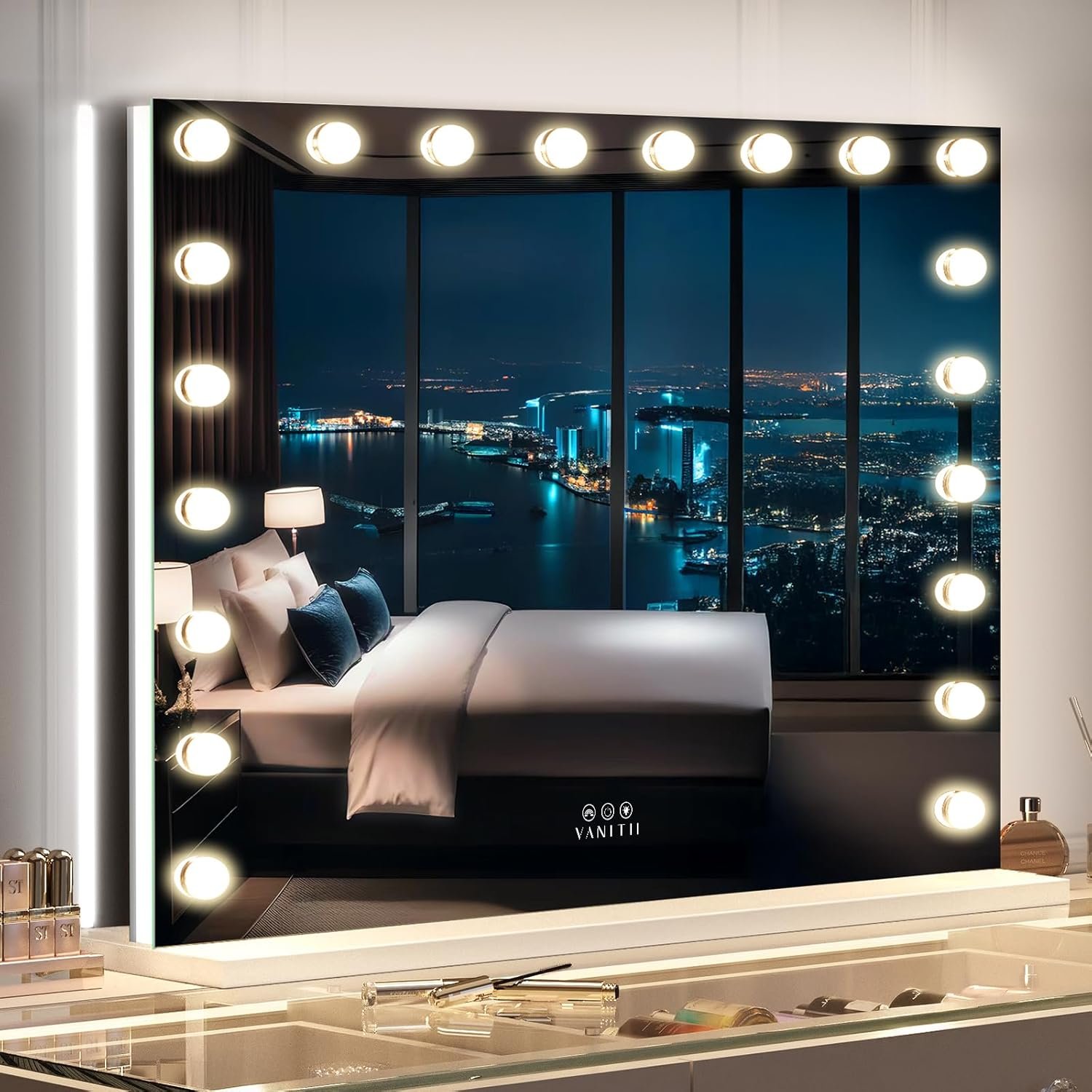 VANITII Large Vanity Mirror with 20 Bulbs Lights 40″x32″ RGB Backlit Hollywood Makeup Mirror with Dimmable 3 Lighting Modes Lighted Desktop Wall-Mount Mirror with Smart Touch
