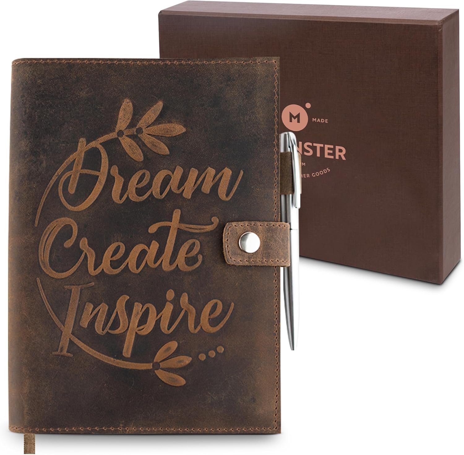 moonster Leather Journal Notebook A5 Refillable – Handmade Vintage Diary with Pen – 320 Lined Pages – Rustic Travel Writing Book for Men & Women – Genuine Leather Bound Notepad