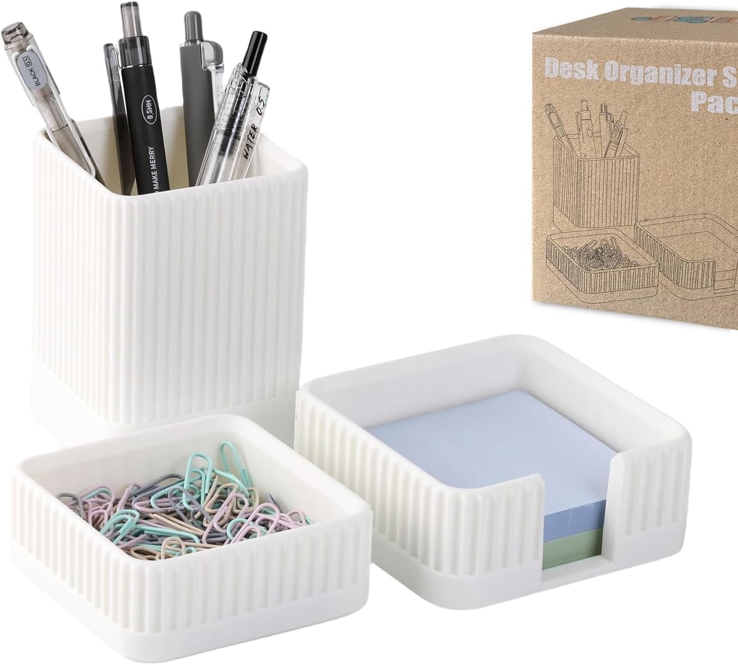 Aesthetic Desk Organizers and Accessories Set of 3 with Pen Holder,Paperclip Holder,Sticky Note Holder – Durable Plastic Pencil Holder for Office Women Men-Teacher Appreciation/Back-to-school Gift