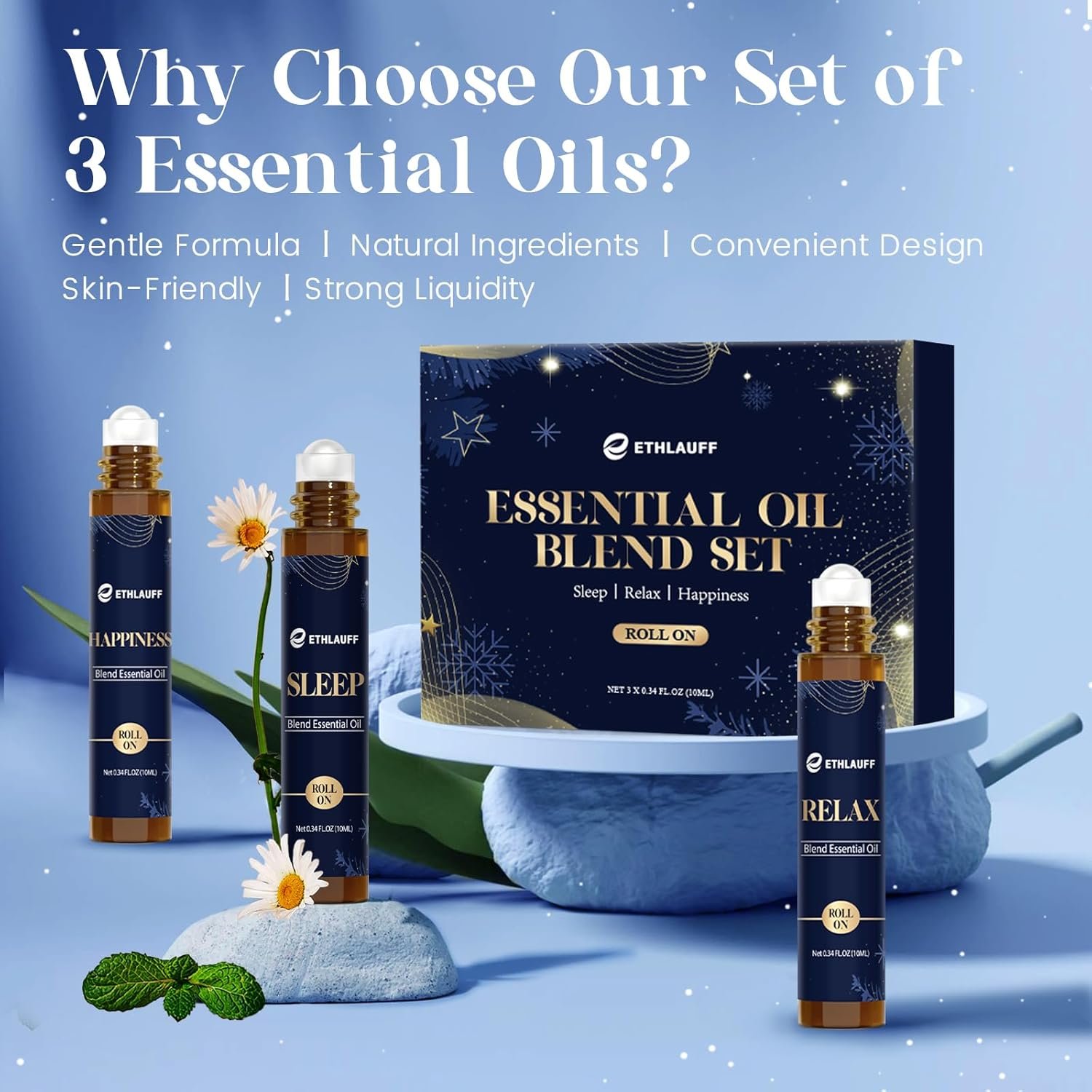 Essential Oil Roller Set, (Sleep, Relax, Happiness) Aromatherapy Roll On for Body Skin Care, Home – Natural Aromatherapy Gift, Relaxtion Gift, Stress Relief Gift for Women and Men