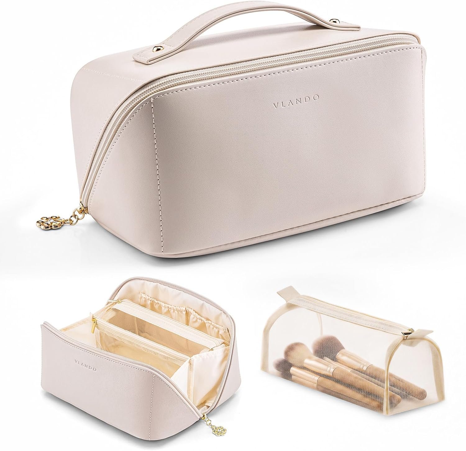 VLANDO Makeup Bag,Travel Toiletry Bag,Cosmetic Bag for Women PU Leather Portable Make up Bag for Skincare, Brushes & Travel Essentials-Off White