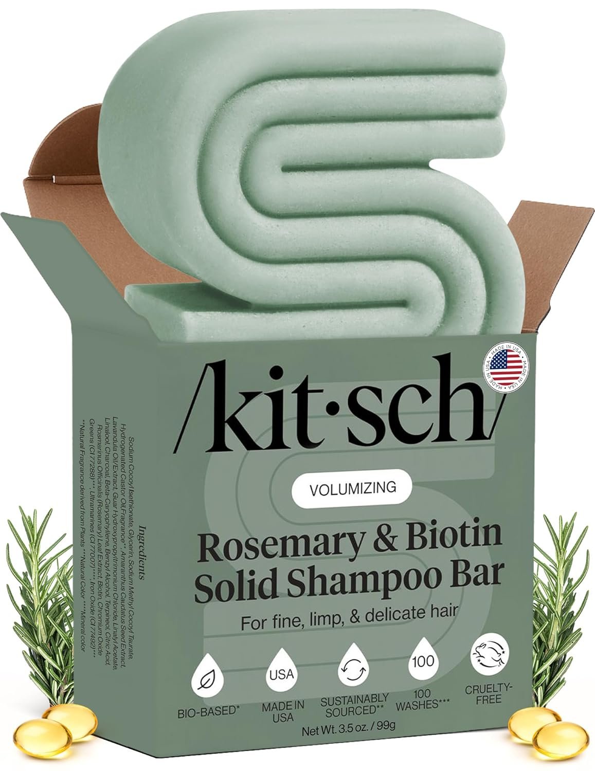 Kitsch Rosemary & Biotin Shampoo Bar – For Hair Growth, Strengthening, Thickening & Volumizing Shampoo for Women and Men – Free of Parabens, Sulfates & Silicones – 3.5 oz