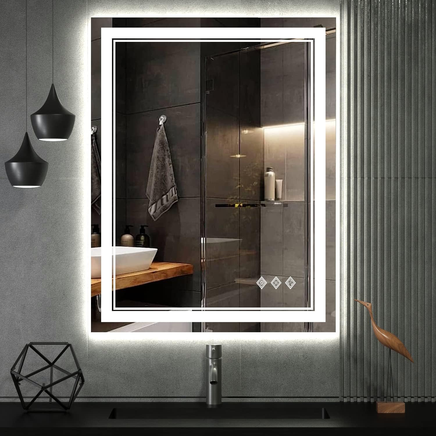 LED Bathroom Mirror, 24×32 Inch Gradient Front and Backlit LED Mirror for Bathroom, 3 Colors Dimmable CRI>90 Double Lights, IP54 Enhanced Anti-Fog, Hanging Plates Vanity Mirror with Lights