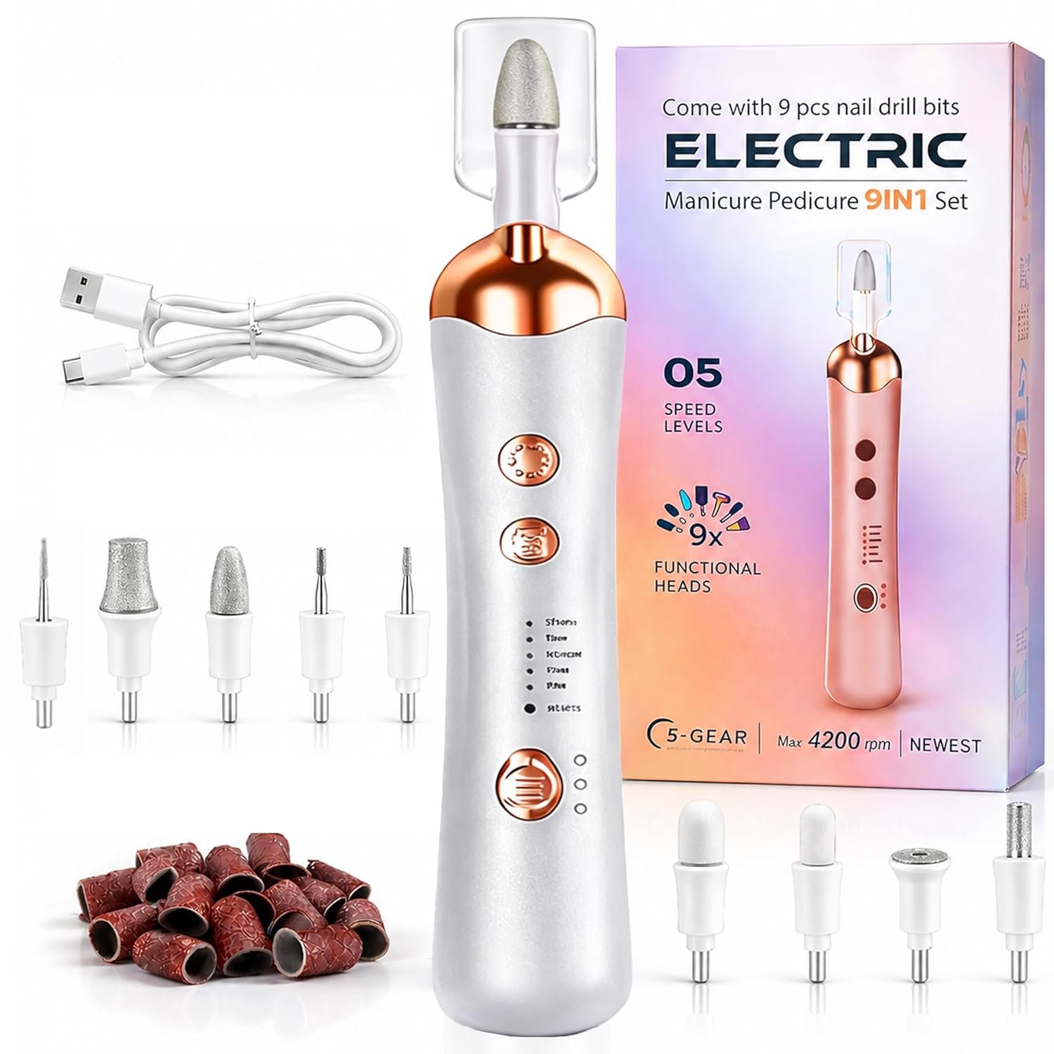 Professional Nail Drill Kit, Electric Nail File for Seniors & Thick Toenails, Nail Drill Professional, Nail Dremel Tool for Women, Drill Nails Machine with 5-Speed Adjustable, 9 Replaceable Heads