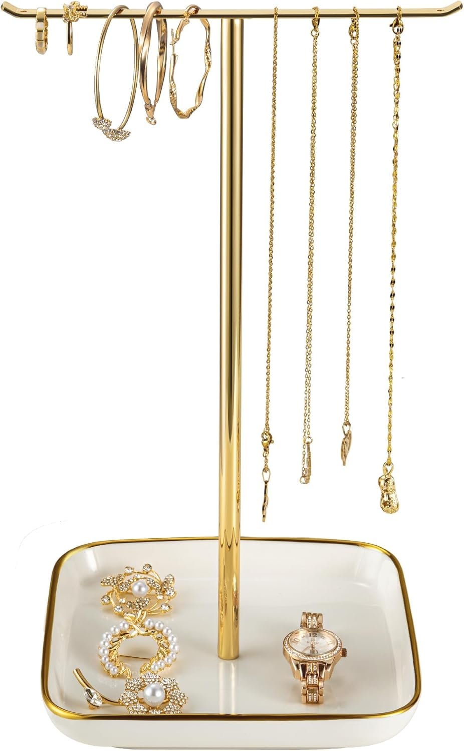 Jewelry Holder Stand with Ceramic Base: 12″ Tall Necklace Organizer Rack, Tree Design Display Storage for Necklaces, Bracelets, Rings, Earrings, Aesthetic Room Décor for Girls and Women, Gold