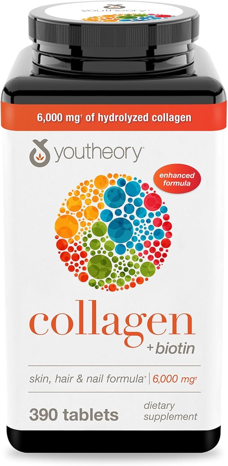 Youtheory Collagen + Biotin – Advanced Collagen Supplement – with Hydrolyzed Peptides, Vitamin C & Vitamin B – Supports Hair Growth, Nail Health & Anti-Aging* – 390 Tablets