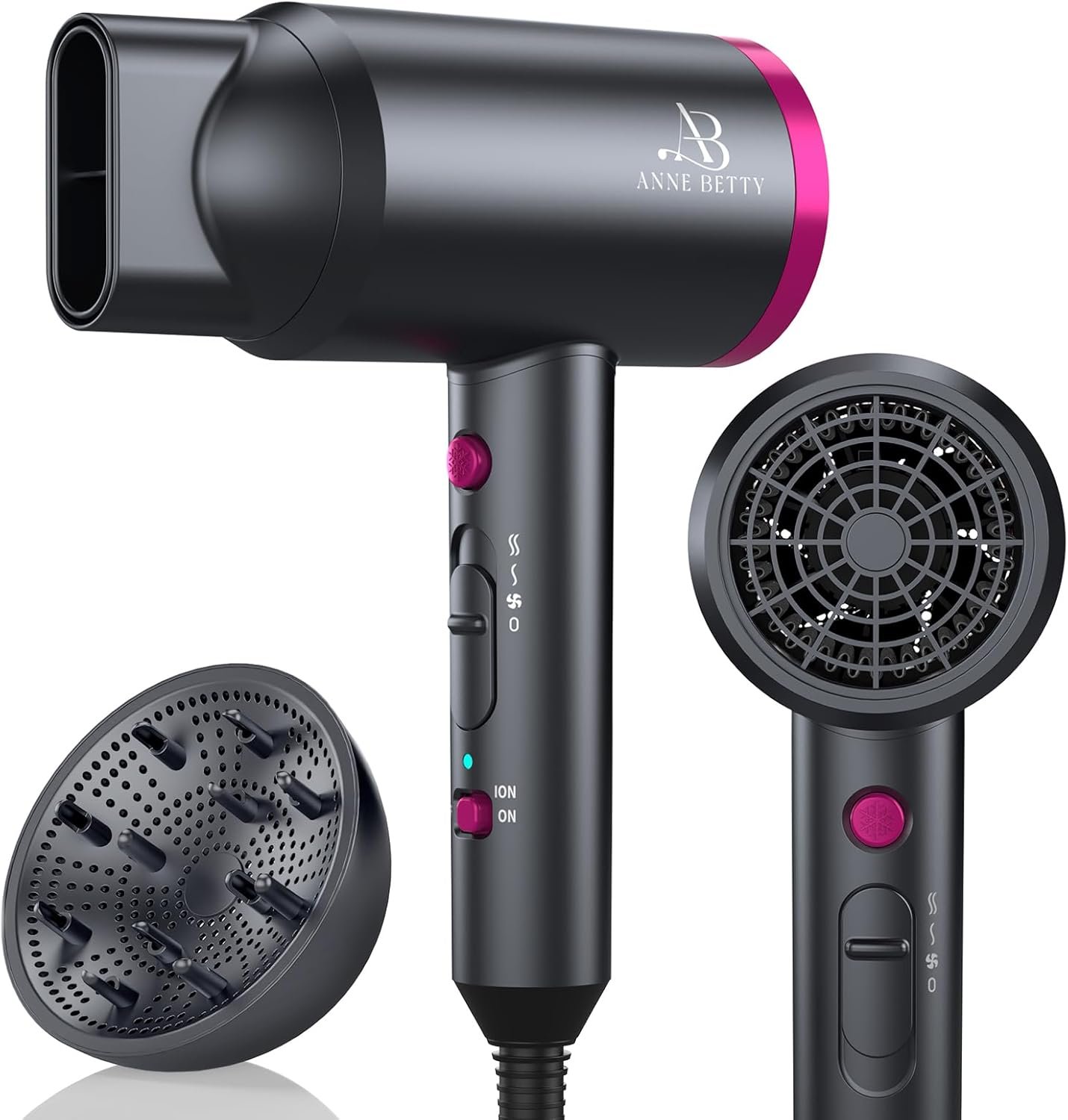ANNE BETTY Ionic Hair Dryer with Diffuser, Powerful 1800W Blow Dryer for Women & Men, Fast-Drying Hair Dryer with Nozzle for Home, Salon, Travel