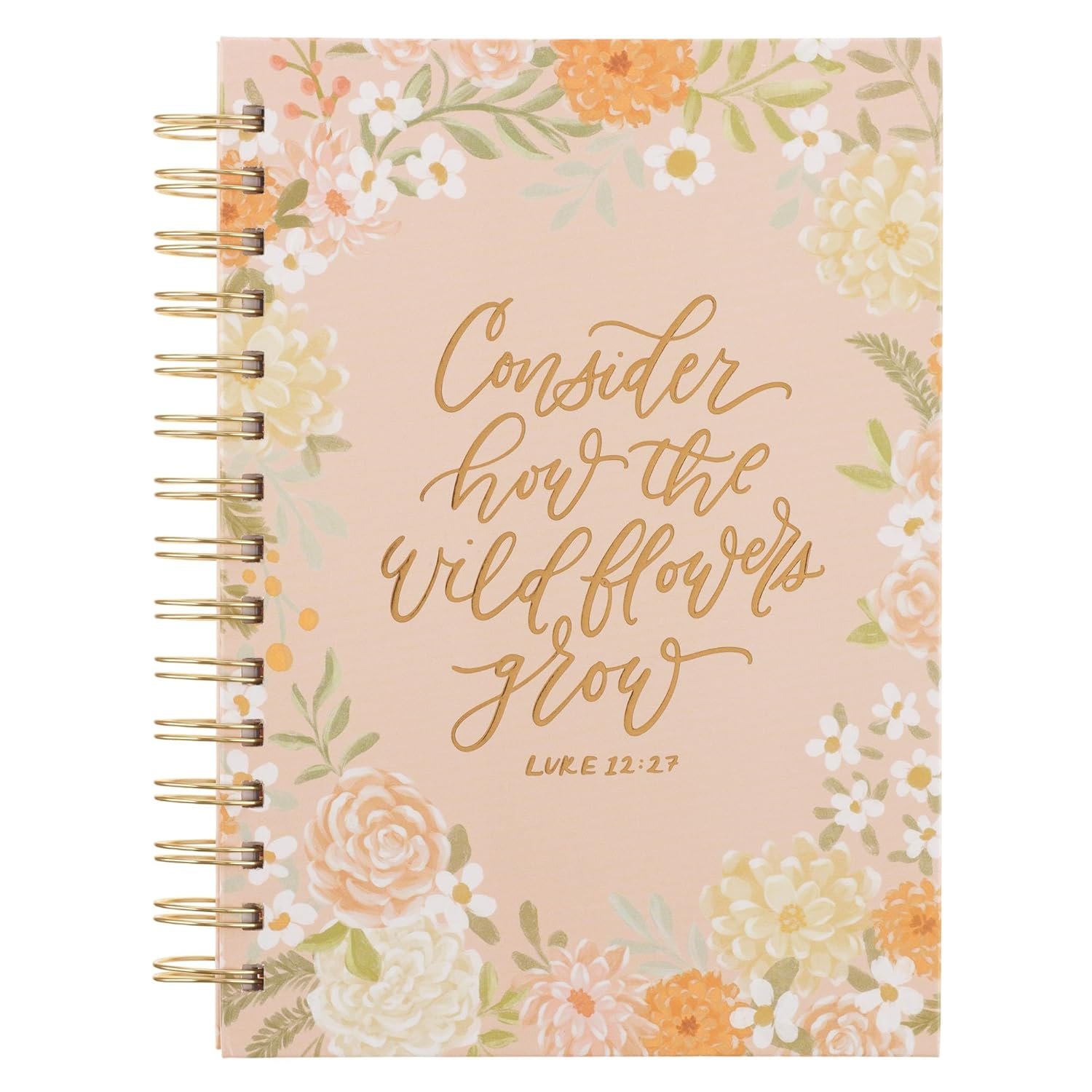 Christian Art Gifts Lined Spiral Journal for Women Hardcover Notebook with Bible Verse, Consider the Wildflowers, Orange Floral, 192 Lined Pages with Scripture, 8.4” x 6.4” x 1”