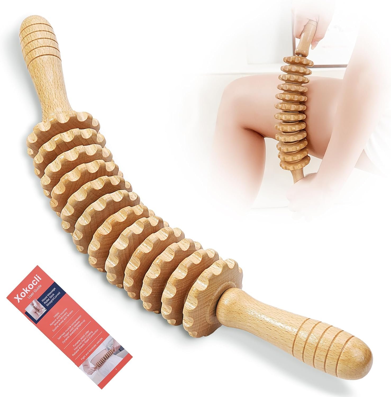 Xokocli Wood Cellulite Massage Tool Wood Therapy Massage Tools Body Roller Fascia Blaster Lymphatic Drainage Massager for Legs Thighs Muscle Pain Relief(White 12-Wheel)