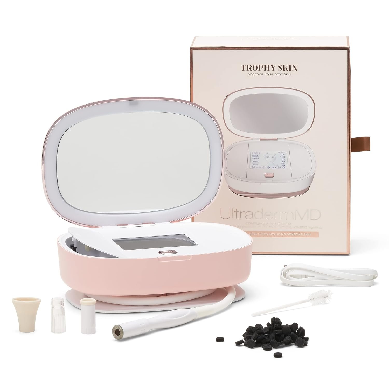 Trophy Skin UltradermMD – 3 in 1 Home Spa Microdermabrasion – Deep Skin Exfoliator Machine with Real Diamond and Pore Extractor Tips – Rejuvenate Face Skin and Even Out Skin Tone – Blush