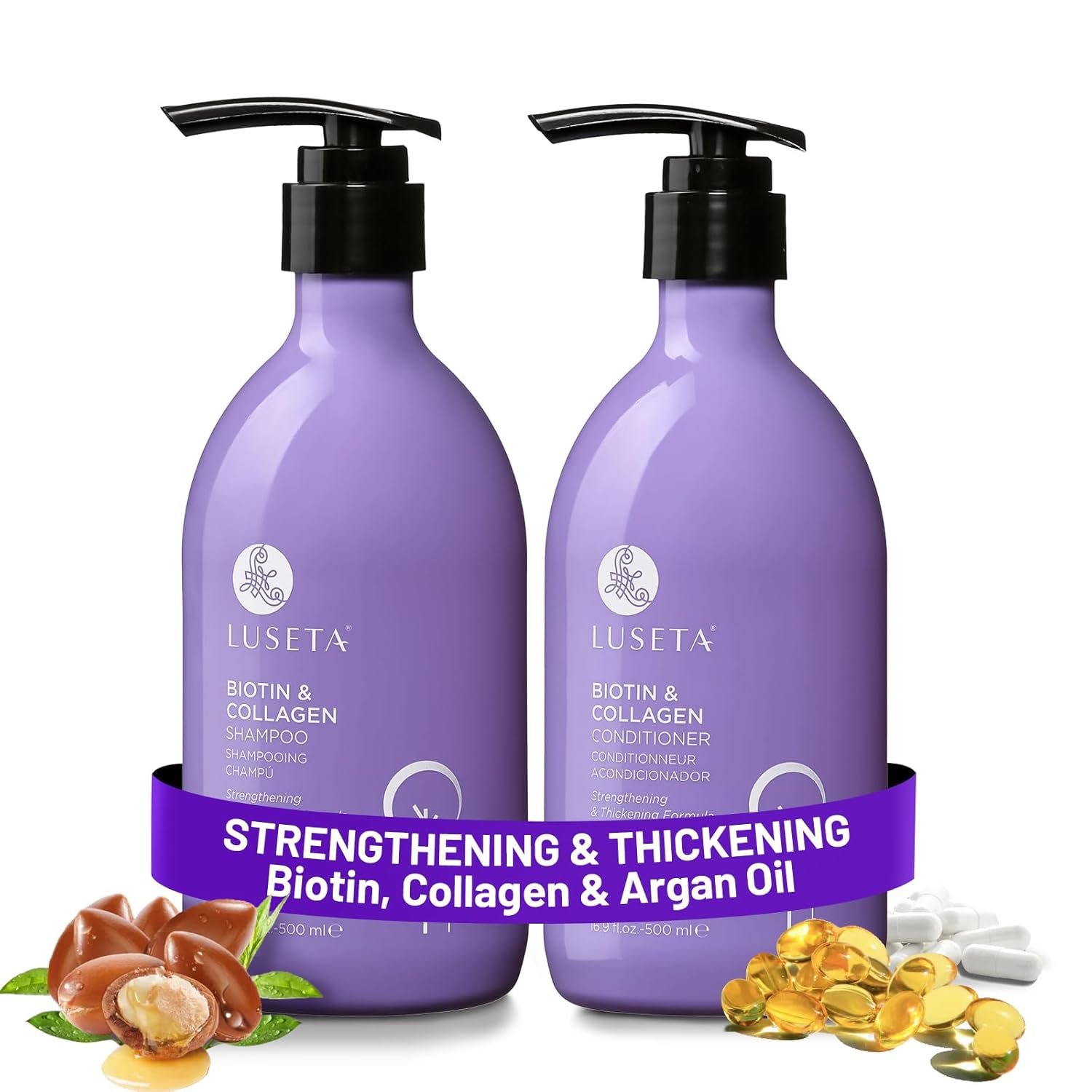 Luseta Biotin & Collagen Shampoo and Conditioner Set for Thinning Hair – Thickening & Strengthening with Argan Oil – Adds Volume, Shine & Manageability Sulfate Free, Paraben Free -16.9 fl oz (2 Pack)