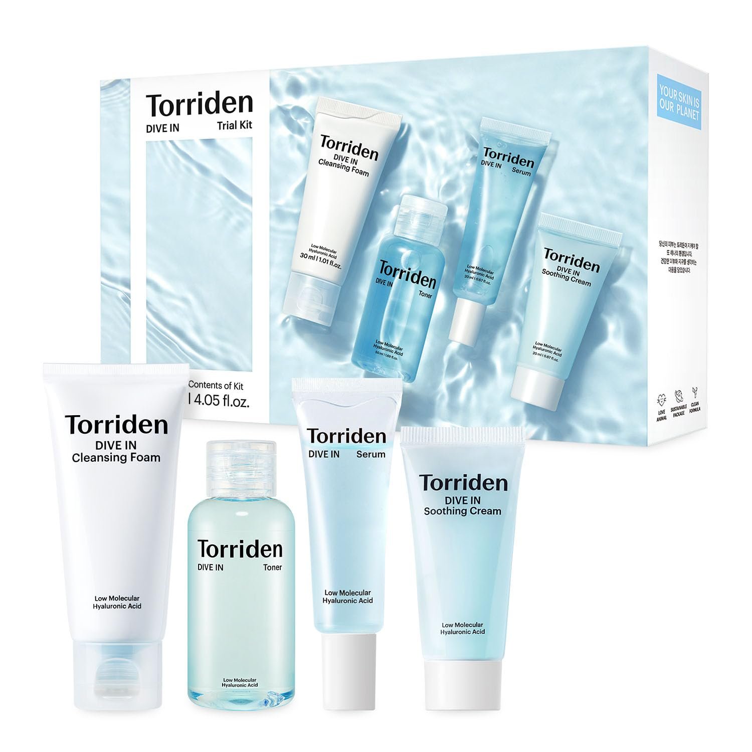 Torriden DIVE IN Trial Kit | Hyaluronic Acid Infused Daily Skincare Kit – 4 Step Regimen with Foam Cleanser, Facial Toner, Serum, and Cream | Travel Essential | Korean Skin Care Set