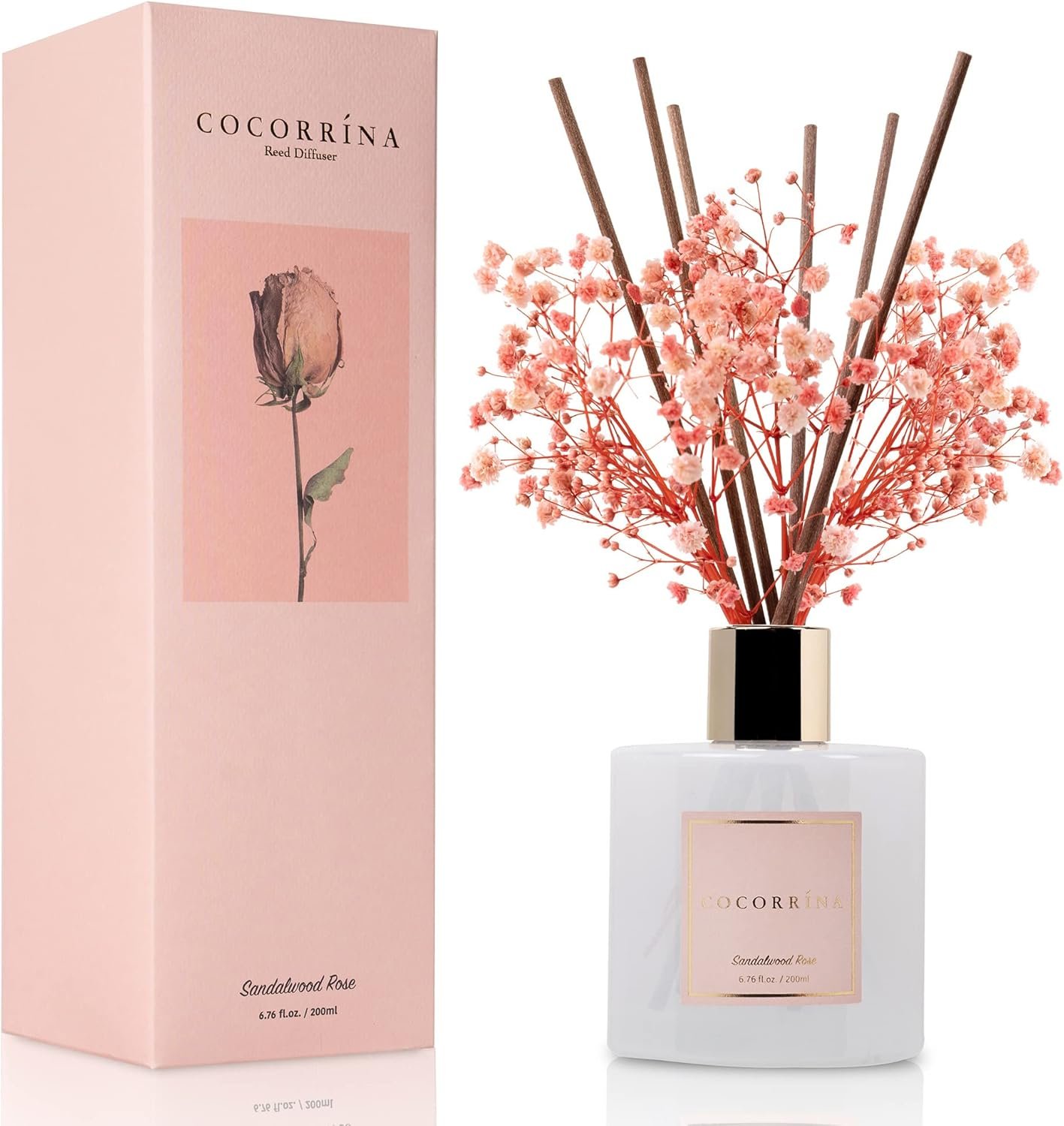 Cocorrína Premium Reed Diffuser Set with Preserved Baby’s Breath & Cotton Stick Sandalwood Rose | 6.7oz Scent Fragrance Oil Diffuser for Bedroom Bathroom Home Décor