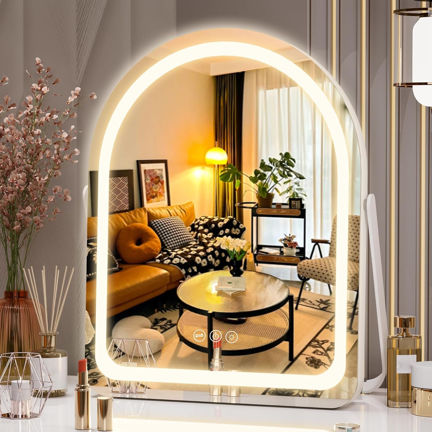 Hasipu Vanity Mirror with Lights, 11″× 14″ Arched LED Makeup Mirror, Lighted Makeup Mirror with Lights, Smart Touch Control Dimmable 3 Modes Light 360°Rotation White