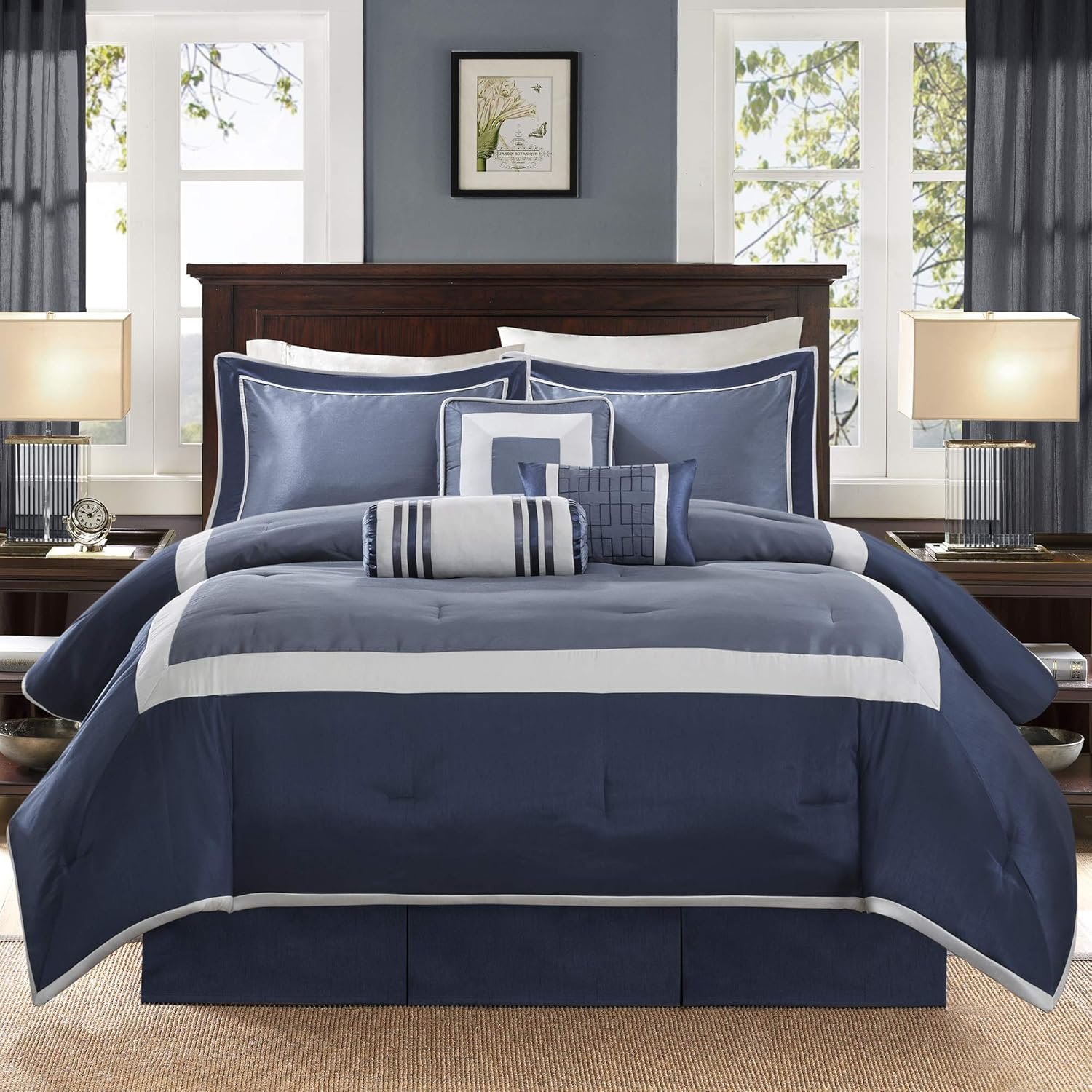 Madison Park Cozy Comforter Set-Deluxe Hotel Collection, All Season Down Alternative Luxury Bedding with Matching Shams, Decorative Pillows, Queen(90″x90″), Genevieve, Navy 7 Piece