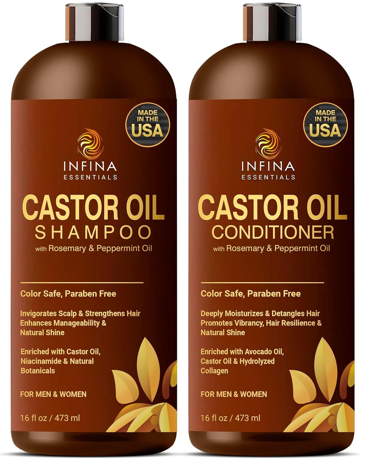 Castor Oil Shampoo and Conditioner Set for Hair Growth with Rosemary & Peppermint Oil – Cleanse Hair, Strengthen & Shine with Castor Shampoo and Conditioner – Anti-Hair Loss for Men & Women – 16 fl oz