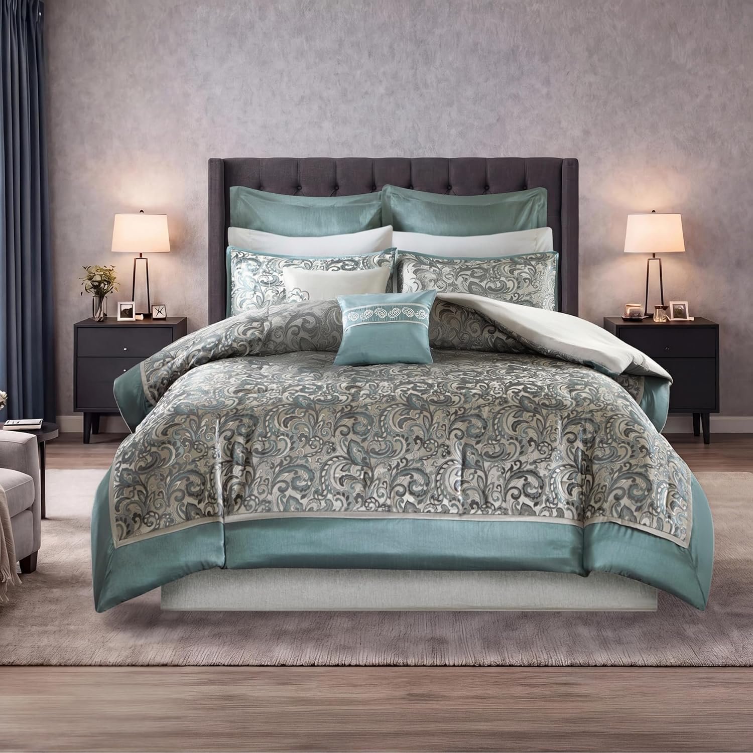 Luxury Jacquard Comforter Set 8-Piece Queen Size Bedding Set, Elegant Damask Design with Bed Skirt & Decorative Pillows, All Season Comfort, Teal