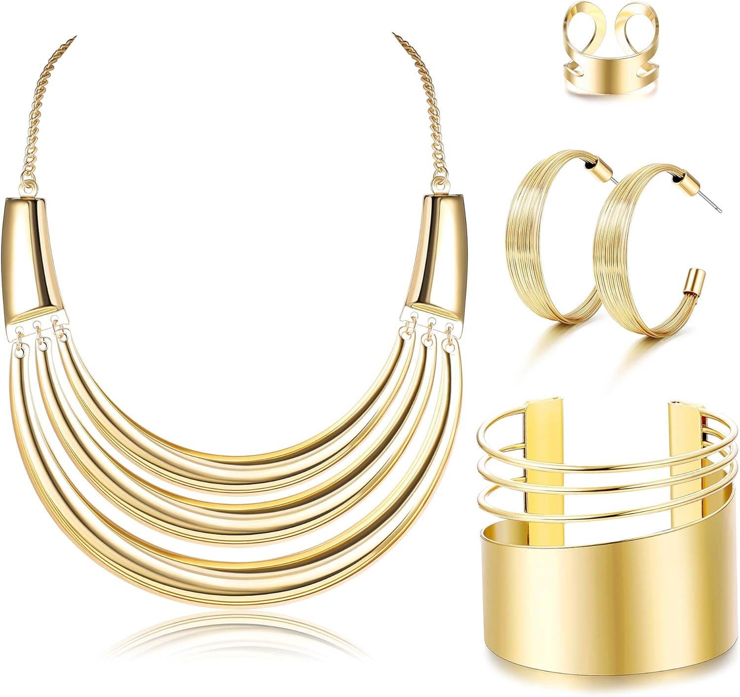 JOERICA Bib Choker Necklace Silver Gold Jewelry Set Wide Cuff Bangle Bracelet Open Hoop Earrings Adjustable Ring Chunky Silver Gold Statement Costume Jewelry Set for Women