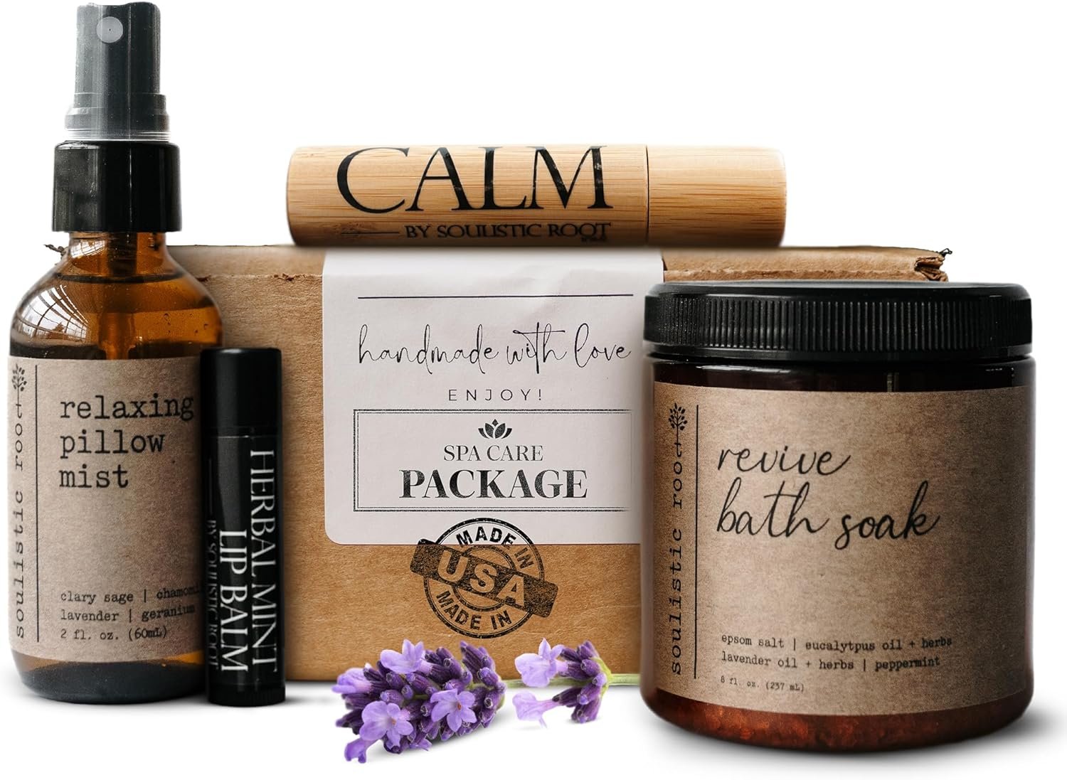 SOULISTIC ROOT Self-Care Set – Luxury Spa Bath Kit, Pillow Mist, Cooling Lip Balm, Tranquil Essential Oil Roller & Epsom Salt Bath Soak Pampering Package, Holistic Gifts for Him & Her