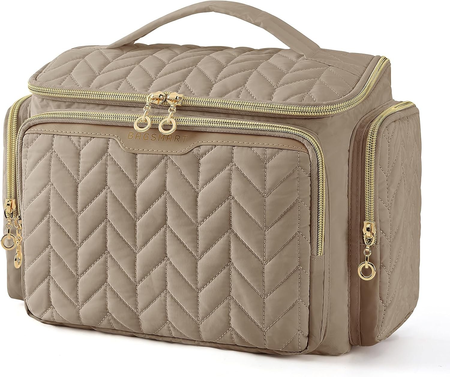 BAGSMART Travel Toiletry Bag, Large Wide-open Travel Bag for Toiletries, Makeup Cosmetic Travel Bag with Handle-Camel