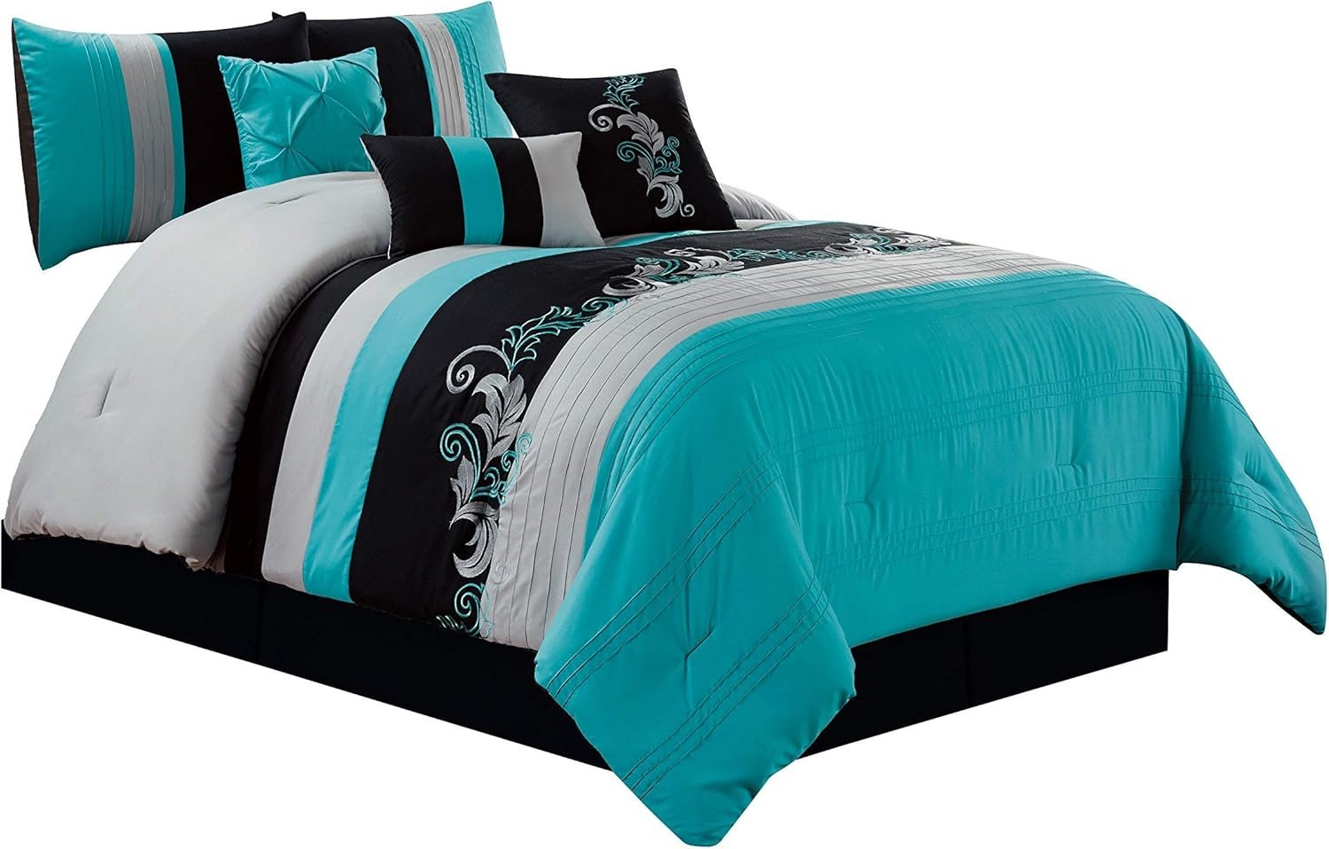 Chezmoi Collection Napa 7-Piece Luxury Leaves Scroll Embroidery Bedding Comforter Set (Queen, Teal Blue/Gray/Black)