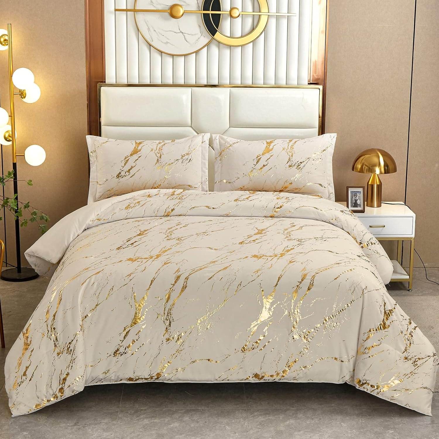 WONGS BEDDING Khaki Gold Metallic Marble Comforter Set Queen Foil Print Glitter Bedding Sets with 2 Pillowcases for All Seasons, Soft Microfiber Filling Bedding Duvet Set 90″x90″