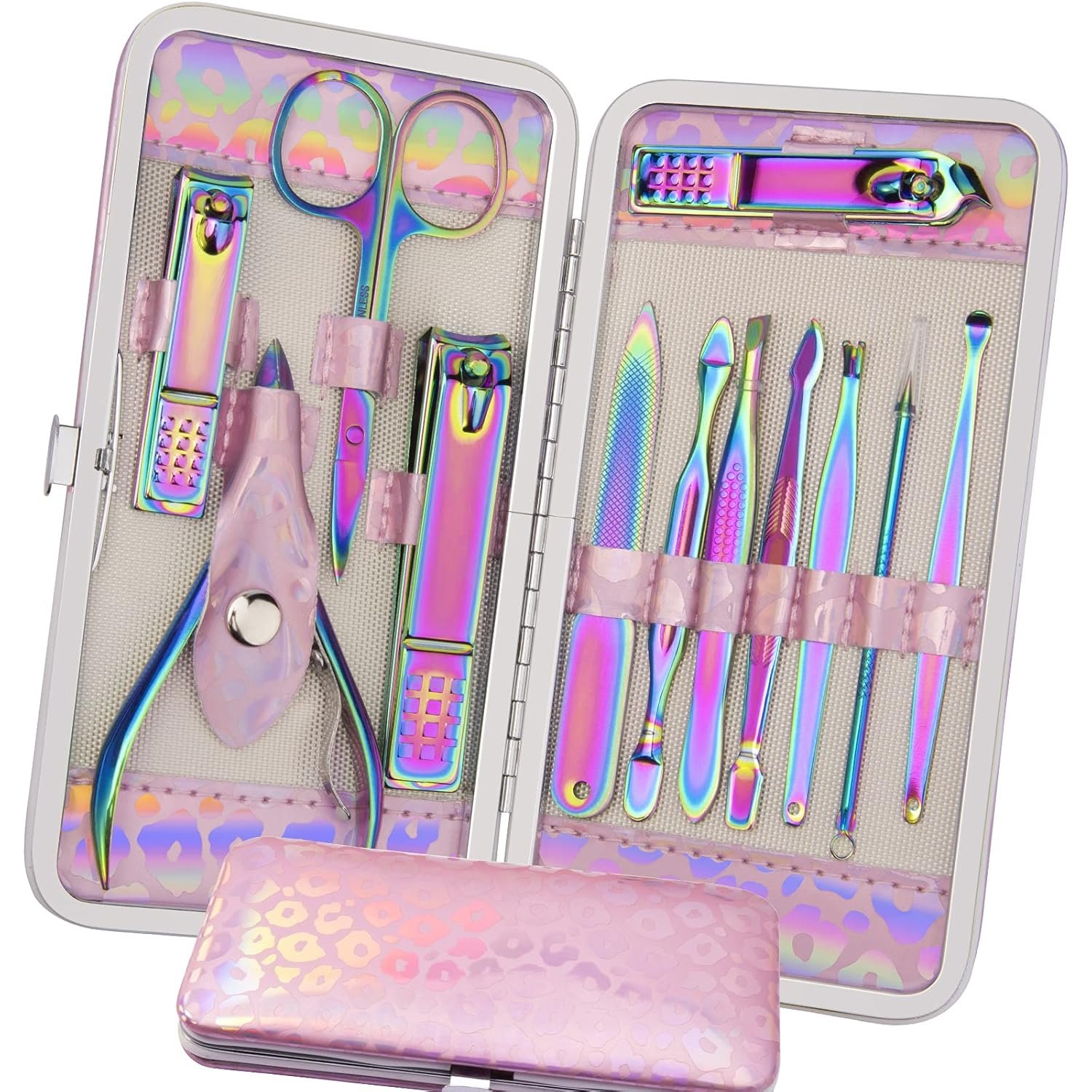ANRUI Manicure Set Nail Clippers Pedicure Kit – 12pcs Stainless Steel Nail Kit, Colorful Professional Nail Care Kit Nail Files & Scissors Tools for Hands Foot Facial – Pink