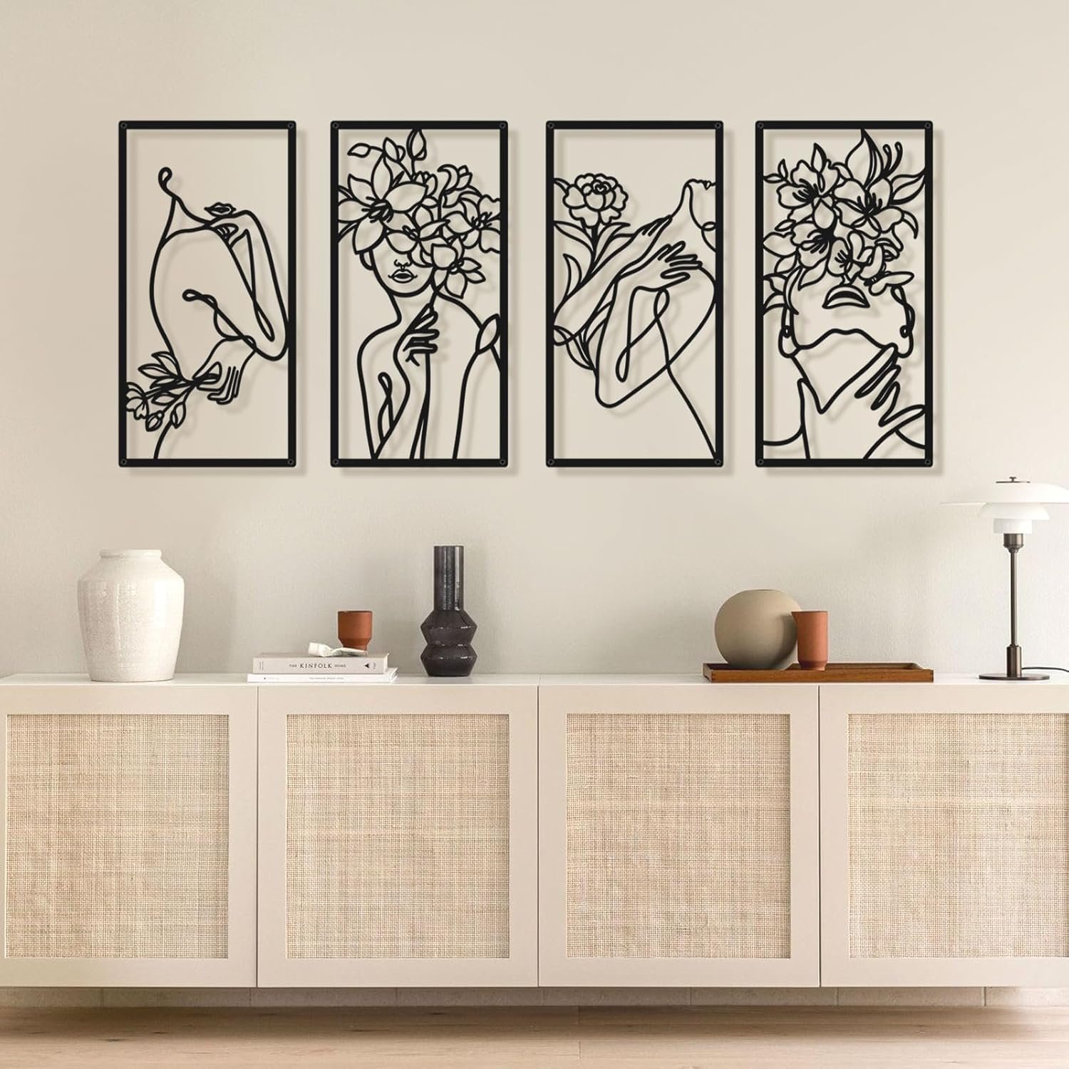 Bakovity Black Metal Wall Decor, Abstract Woman Wall Art, Minimalist Line Decor, Modern Aesthetic Metal Wall Art for Bedroom Bathroom Living Room (4 Pcs, 17 x 9 in)