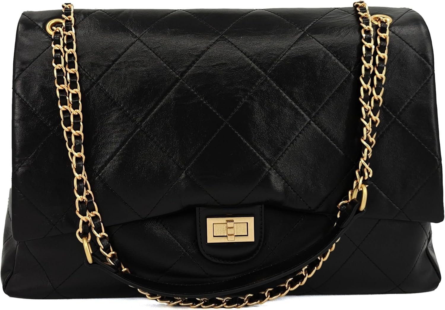 M-ioi-M Large Quilted Leather Shoulder Bag for Women, Oversize Double Gold Chain Strap Tote Bag, Classic Briefcase Flap Purse