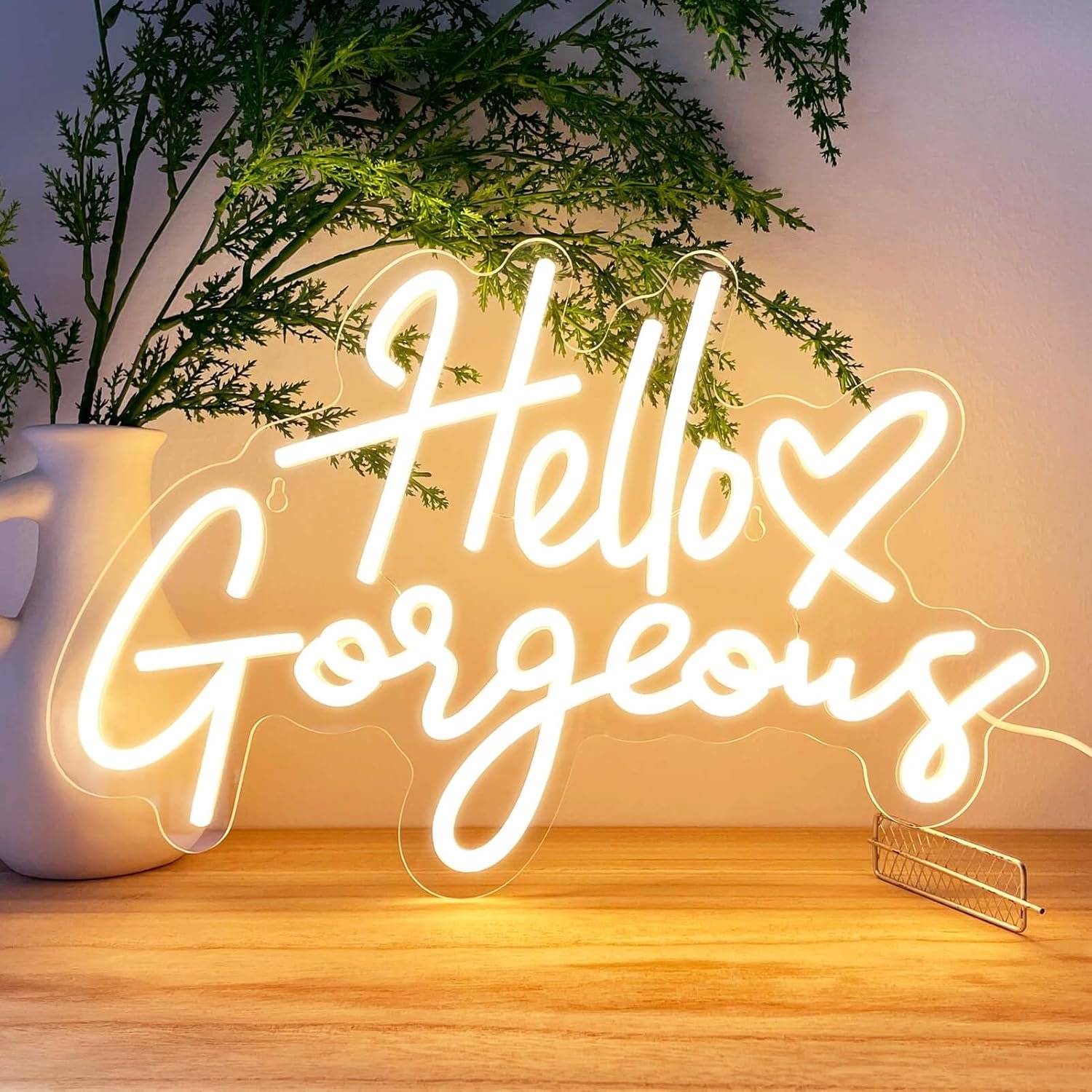 Hello Gorgeous Neon Signs for Wall Decor with Heart, Warm White Gorgeous LED Sign Lights for Bedroom Dorm Salon Wedding Party, 16″x12″ Preppy Cute Room Decor Woman Cave – 100,000H Lifespan