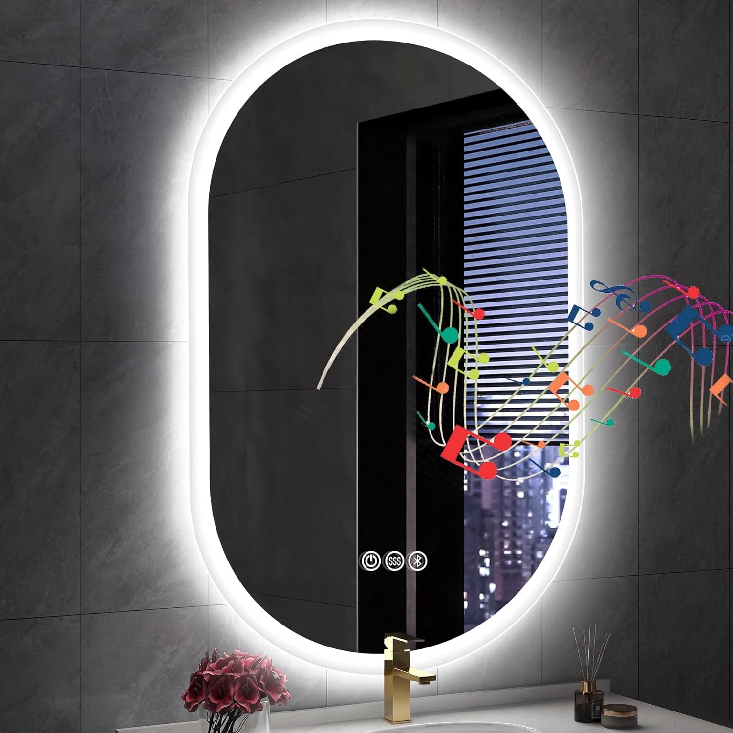 S’bagno 24×36 Oval LED Bathroom Mirror with Lights, Anti-Fog, Bluetooth Speaker, 3 Colors Temperature & Dimmable, Lighted Mirrors for Bathroom Wall with Memory Function, Waterproof, Shatter-Proof