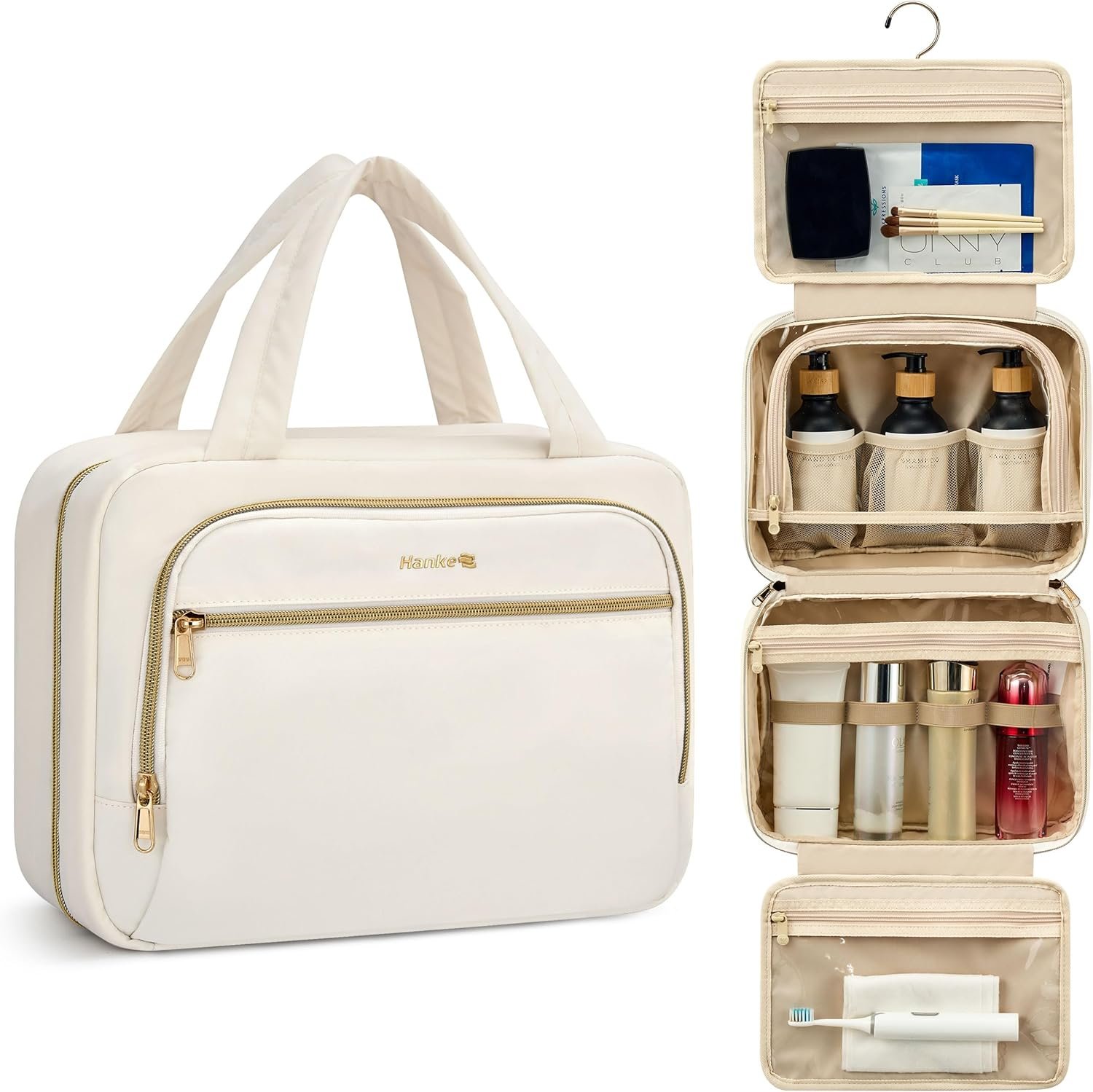 Hanke Hanging Travel Toiletry Bag for Women, Water-Resistant Makeup Organizer with Hook, Cosmetic Bag for Bathroom & Travel Essentials Accessories, Off White