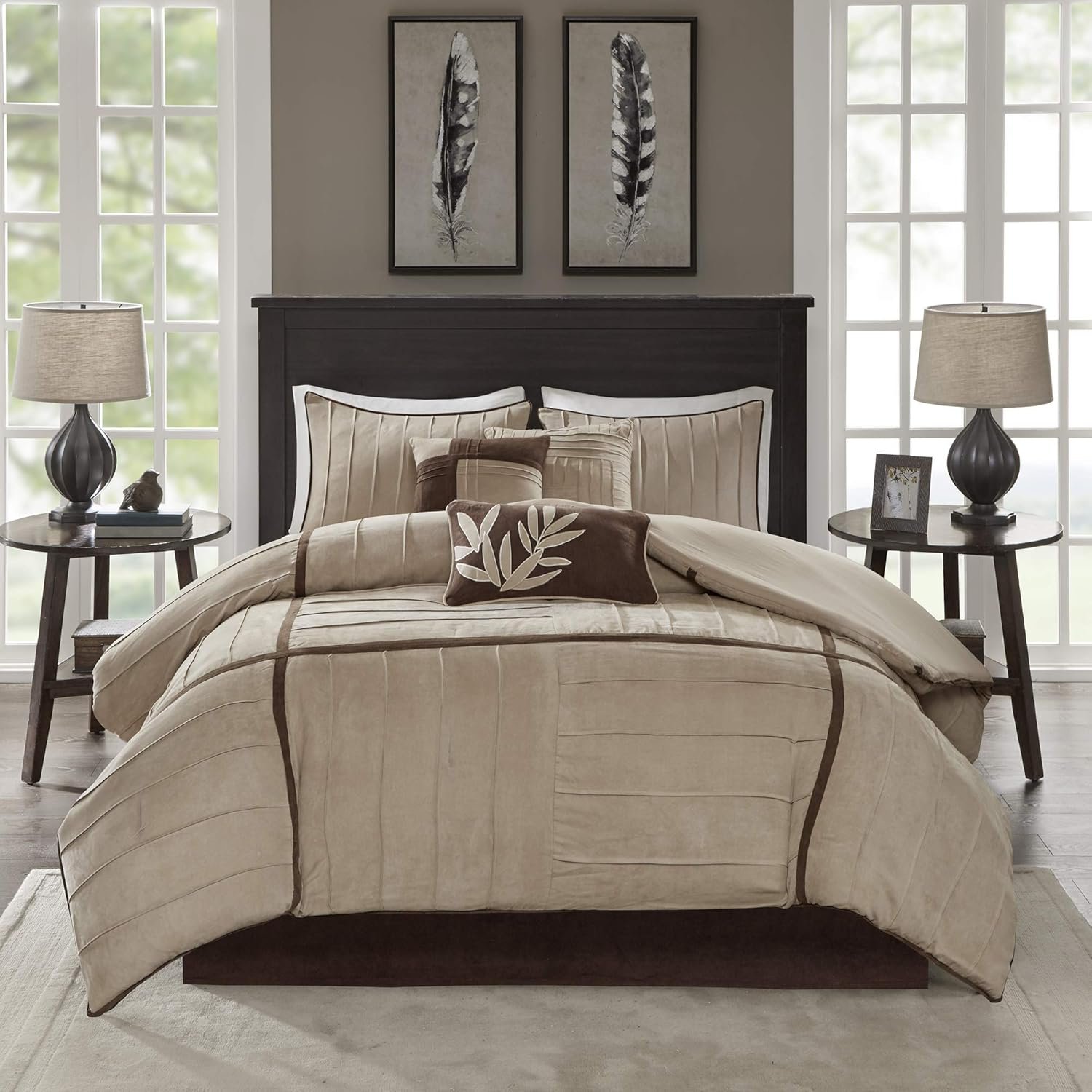 Madison Park Cozy Comforter Set Casual Blocks Design All Season, Matching Bed Skirt, Decorative Pillows, Queen(90″x90″), Dune Suede, Beige Brown, 7 Piece